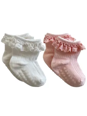 2-Pack Everyday Ruffle Socks, White & Light Pink