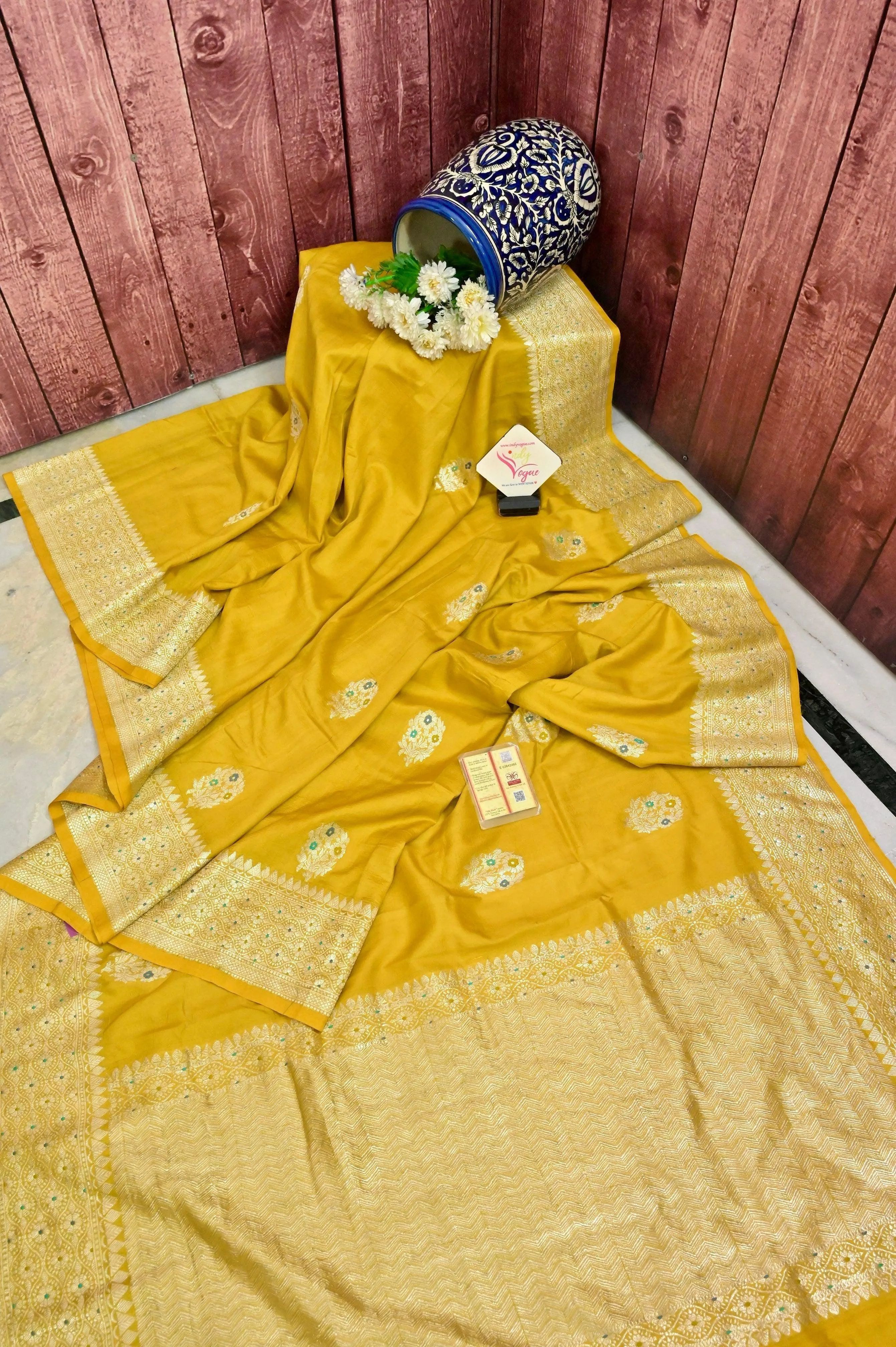 Amber Yellow Color Tussar Georgette Banarasi Saree with Meenakari Buta Work