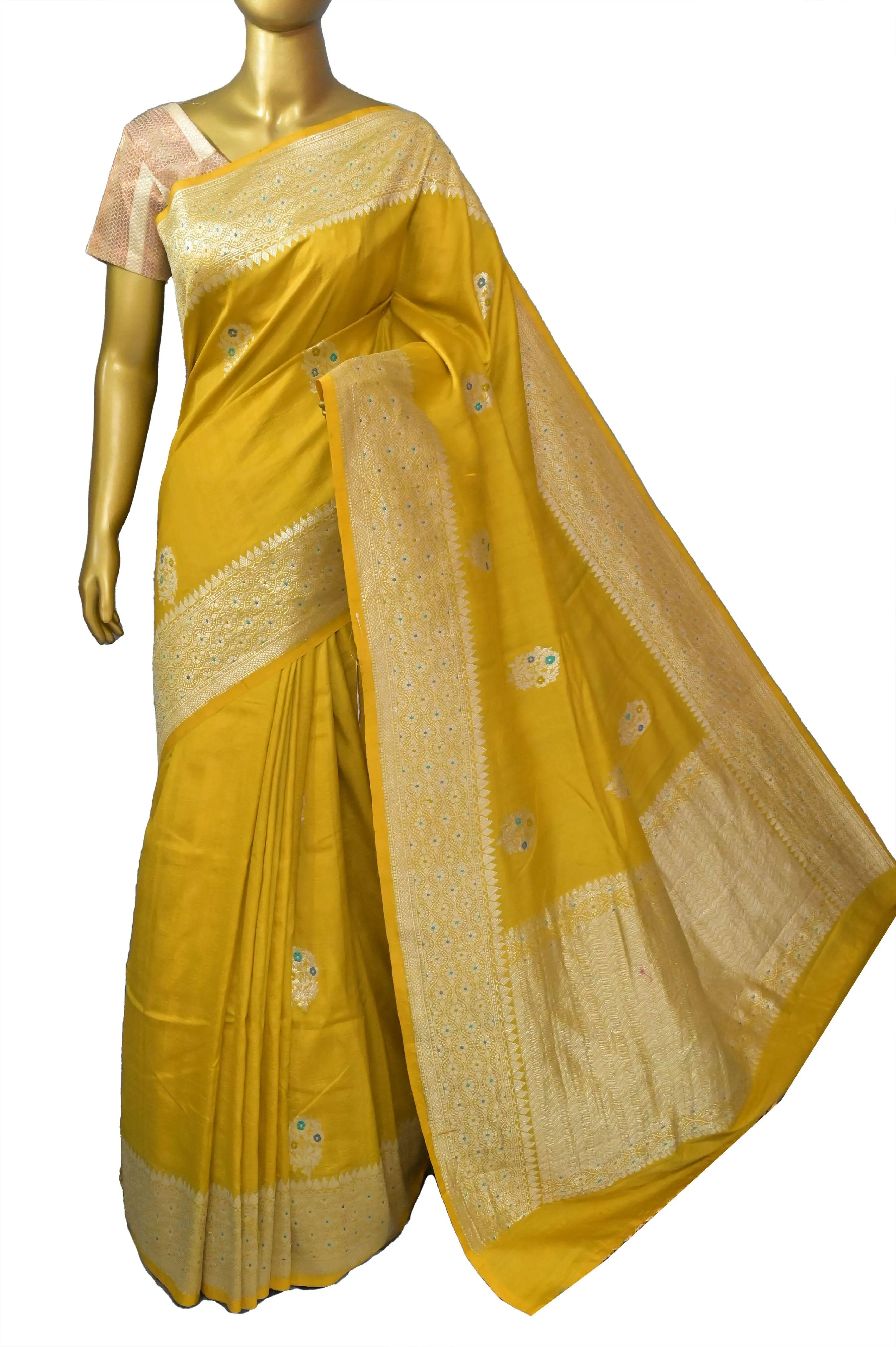 Amber Yellow Color Tussar Georgette Banarasi Saree with Meenakari Buta Work