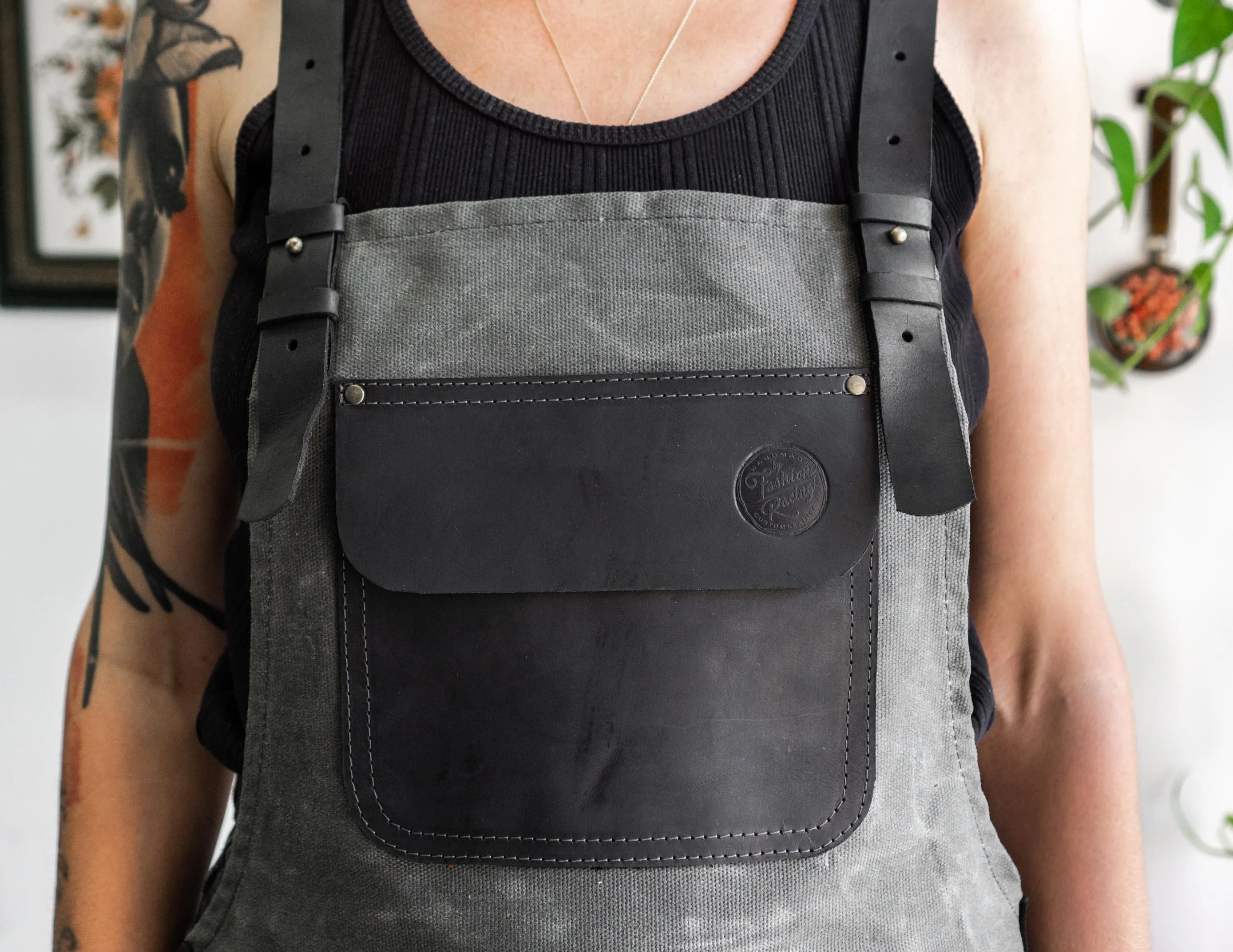 APRON - Waxed Grey Canvas & Black Leather | Handmade