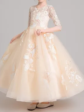 Ball Gown Jewel Neck Pageant Flower Girl Dresses With Sleeves