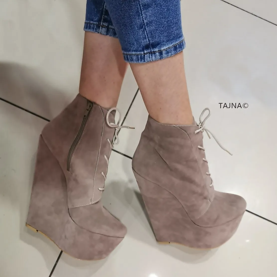 Beige Suede Lace Up Ankle Wedge Booties