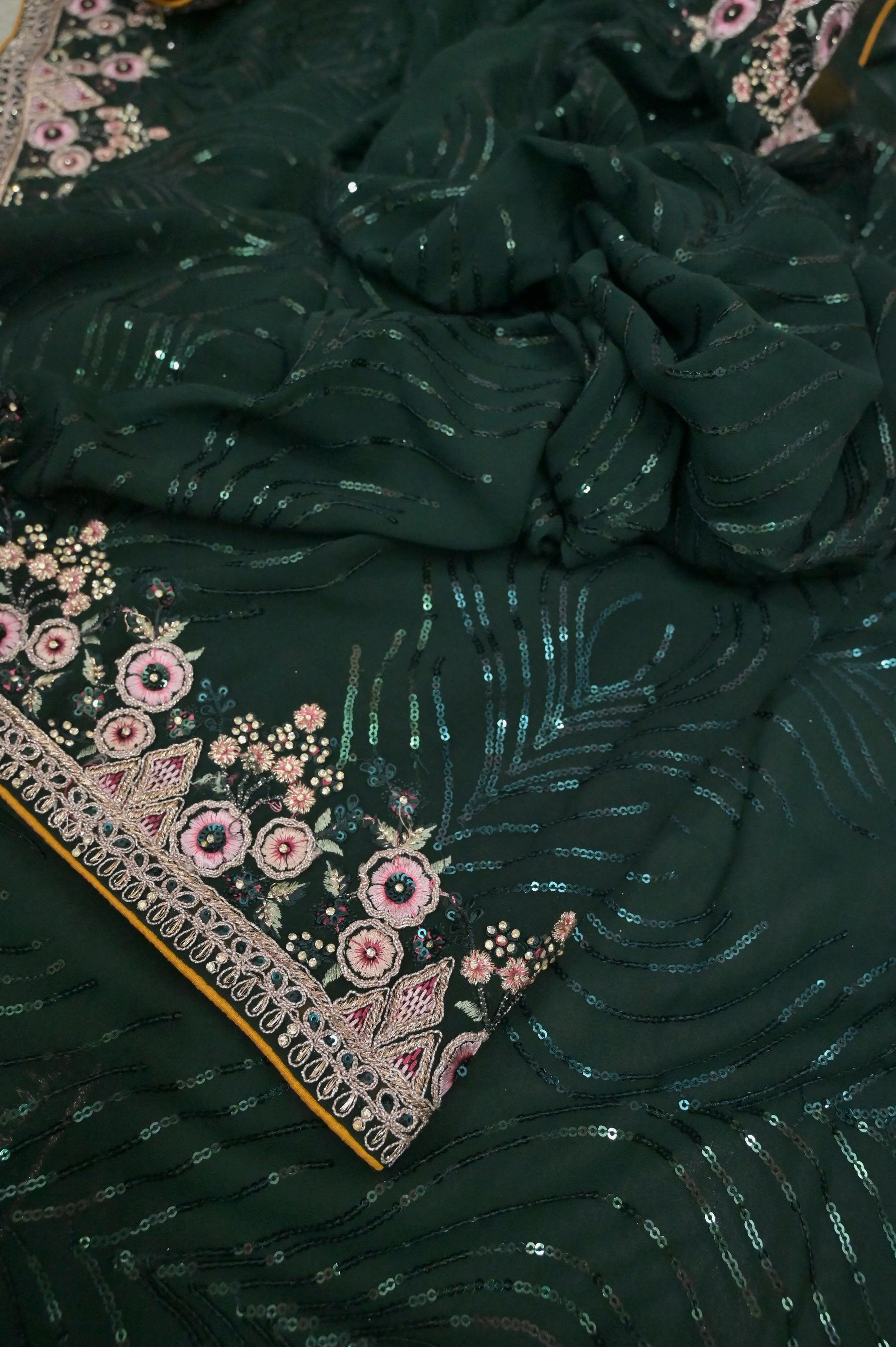 Bottle Green Color Designer Georgette Saree with Sequin Weaving and Embroidery Work