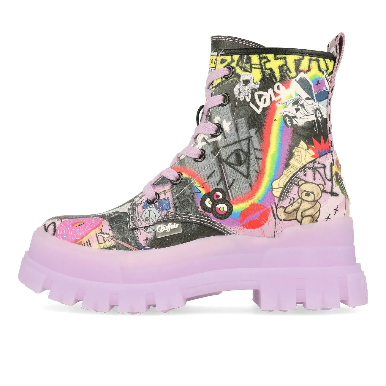 Buffalo Aspha Lace Up Hi Ankle-Boot Damen Vegan Nappa Purple Black Graffiti