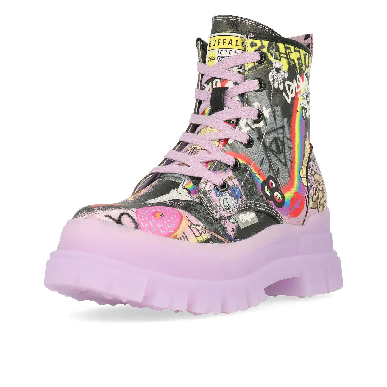 Buffalo Aspha Lace Up Hi Ankle-Boot Damen Vegan Nappa Purple Black Graffiti