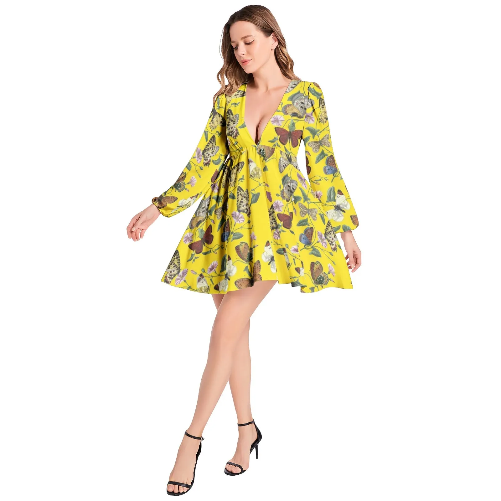 Butterfly Kaleidoscope Lantern Sleeve Deep V-Neck Short Dress