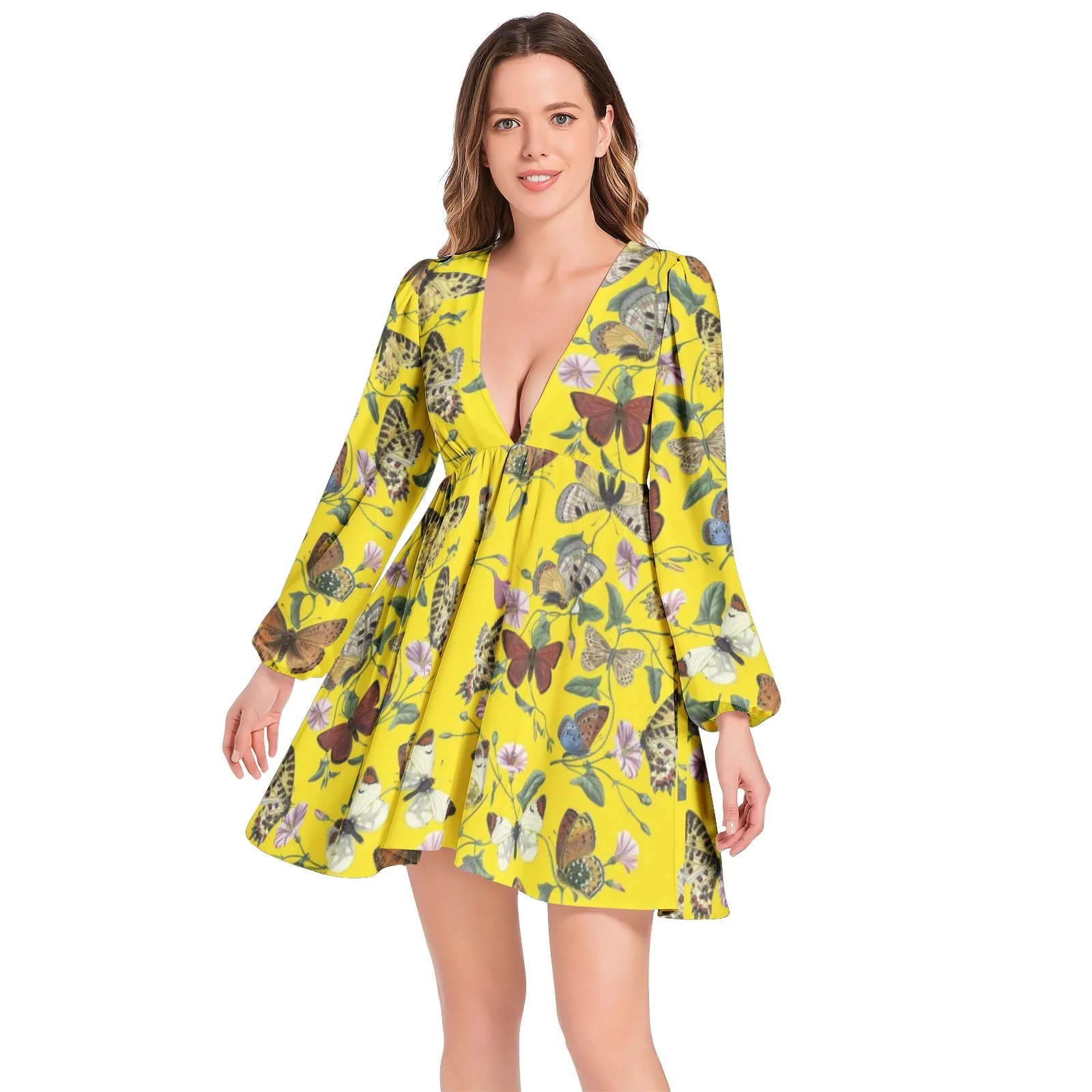 Butterfly Kaleidoscope Lantern Sleeve Deep V-Neck Short Dress