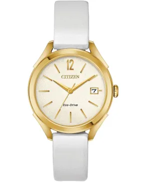 Citizen DRIVE LTR Womens Watch - Gold-Tone - Ivory - Date - White Leather Strap