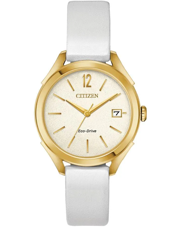 Citizen DRIVE LTR Womens Watch - Gold-Tone - Ivory - Date - White Leather Strap