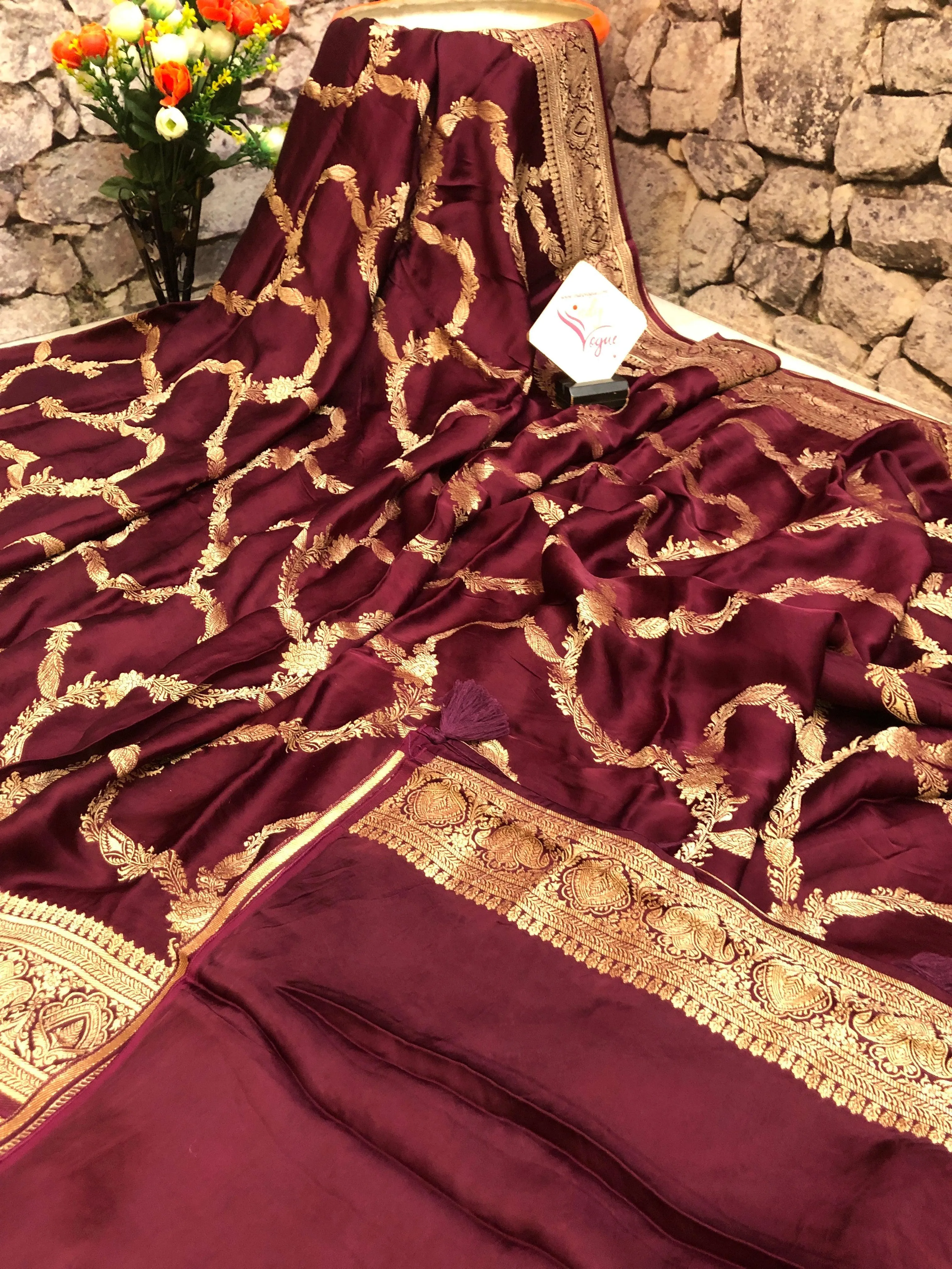 Dark Wine Color Satin Banarasi Saree