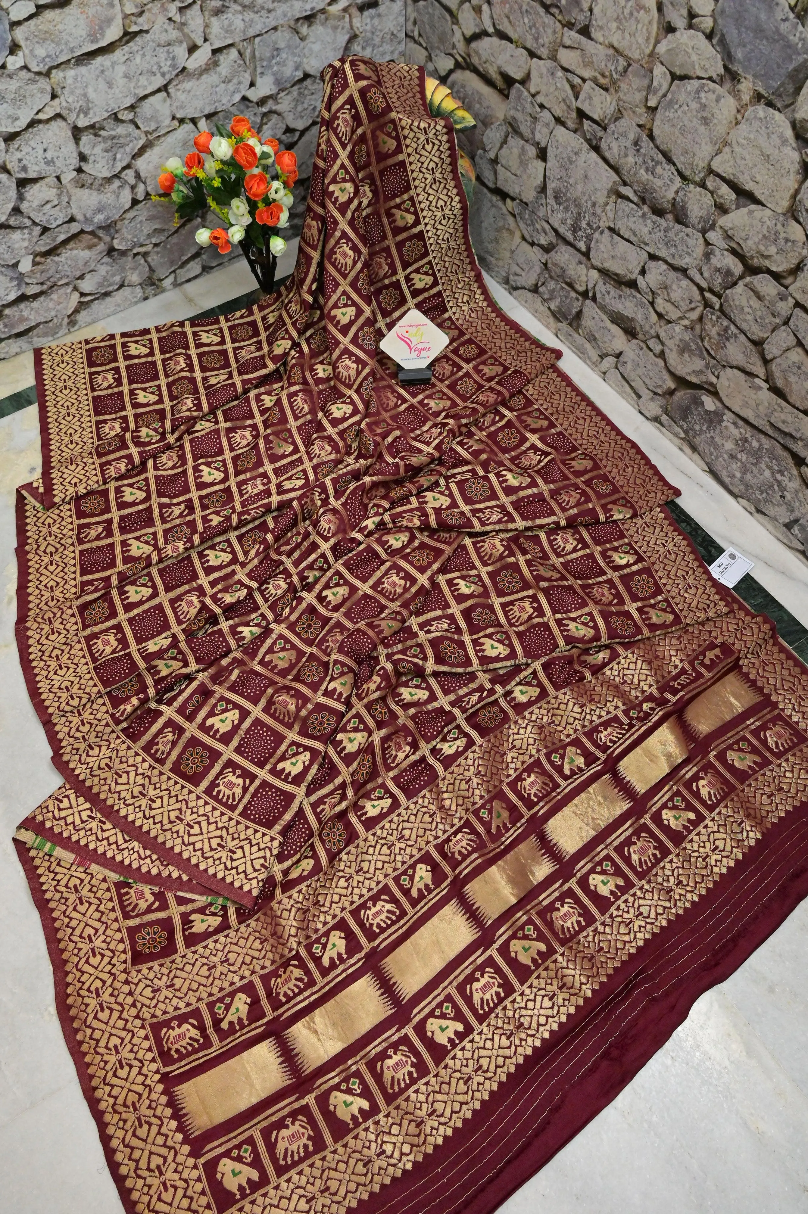 Deep Maroon Color Modal Silk Gharchola Saree with Ajrakh Print