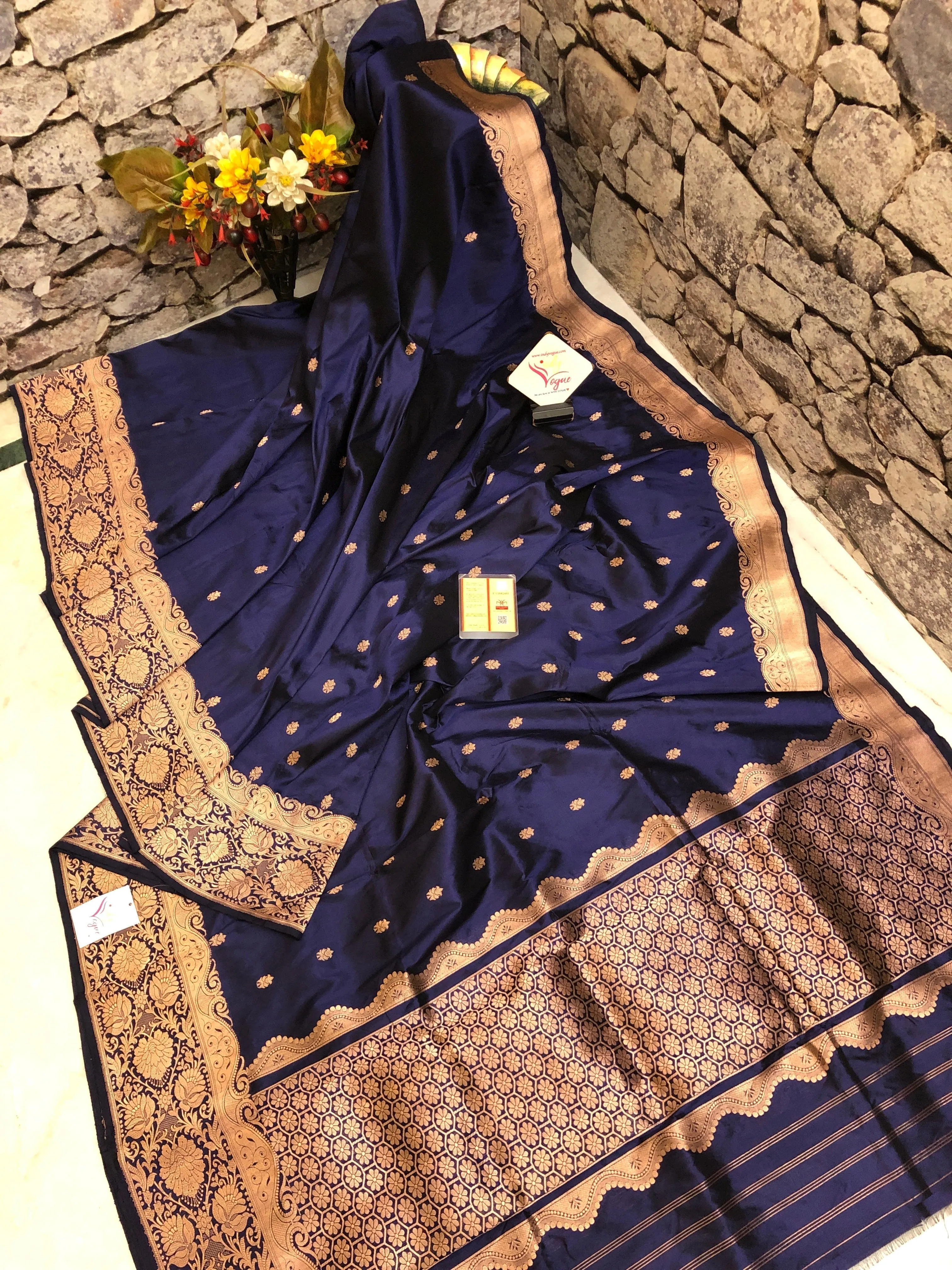 Deep Navy Blue Color Katan Banarasi Saree