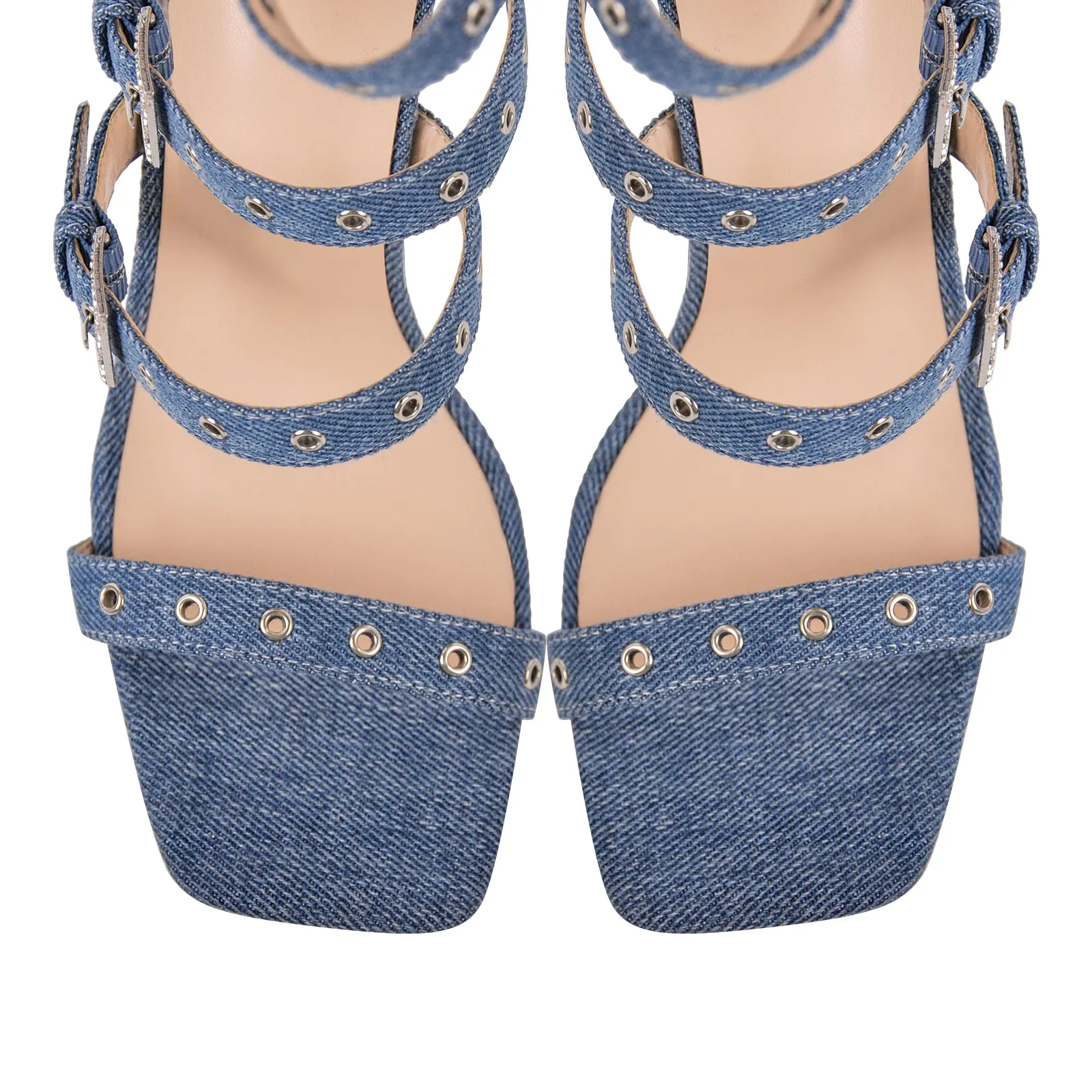 Denim Hollow Buckle Starp Thigh Stiletto Bootie Sandals