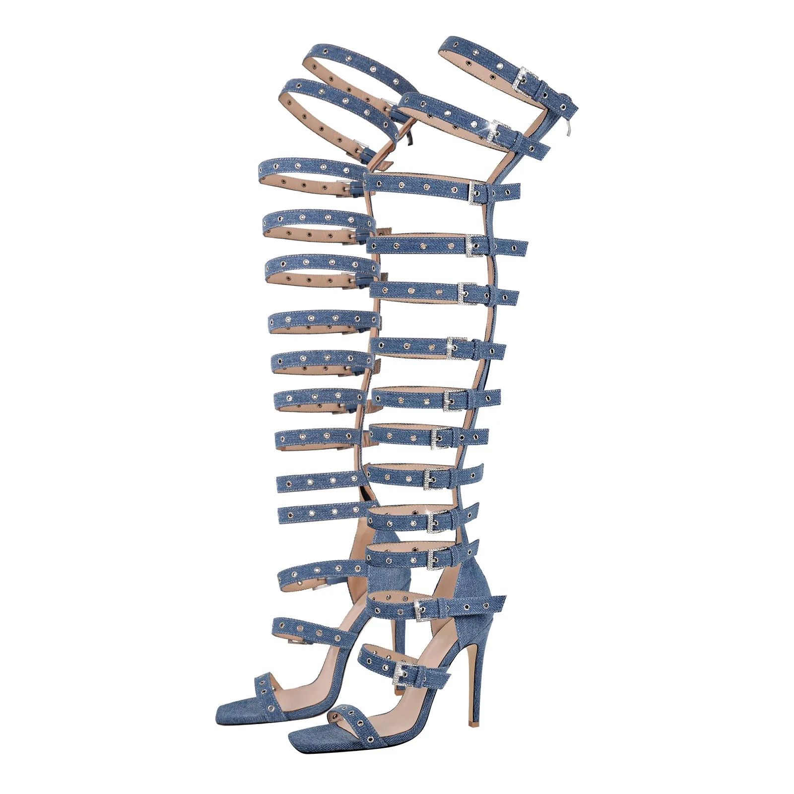 Denim Hollow Buckle Starp Thigh Stiletto Bootie Sandals