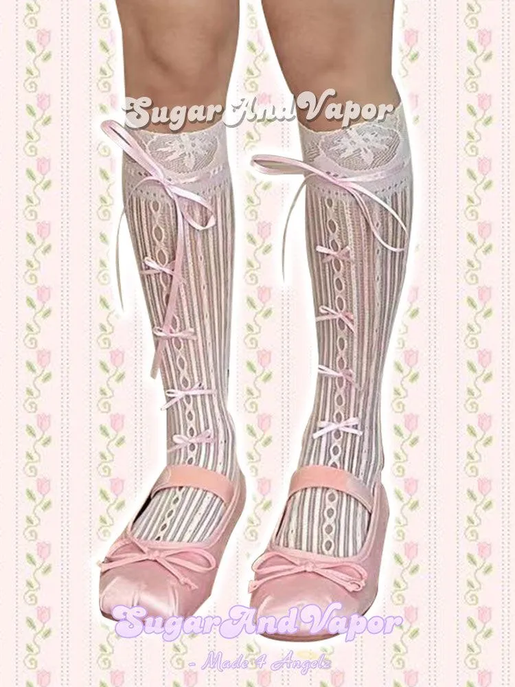 Dorothy Pink Ribbons Lace Knee-High Stockings