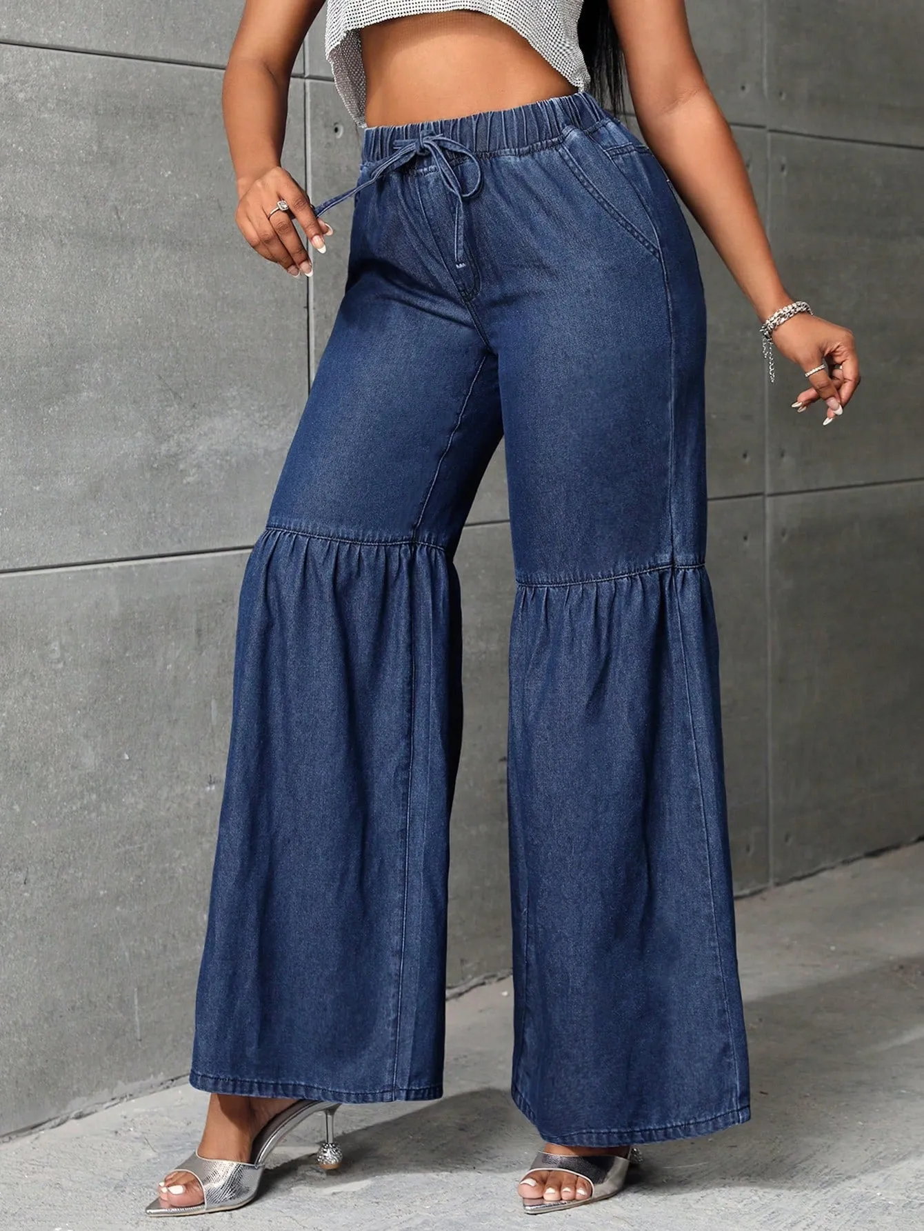 Drawstring Waist Wide Leg Jeans