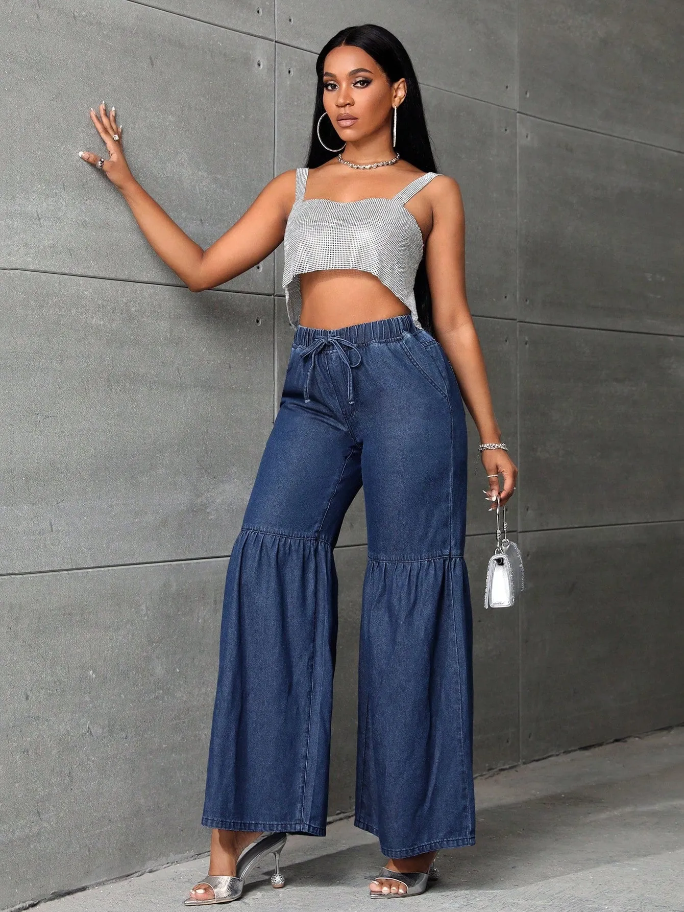 Drawstring Waist Wide Leg Jeans