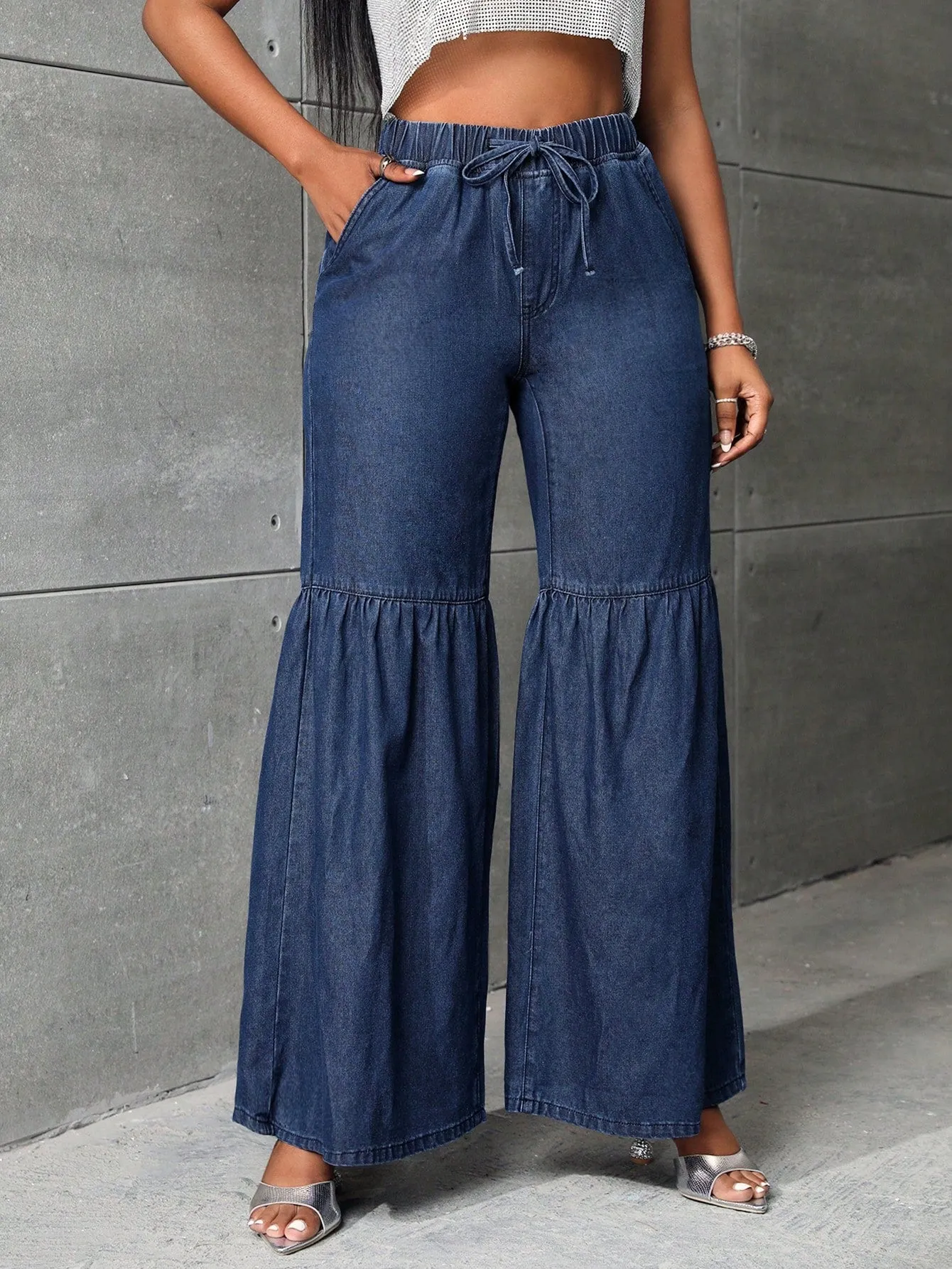 Drawstring Waist Wide Leg Jeans