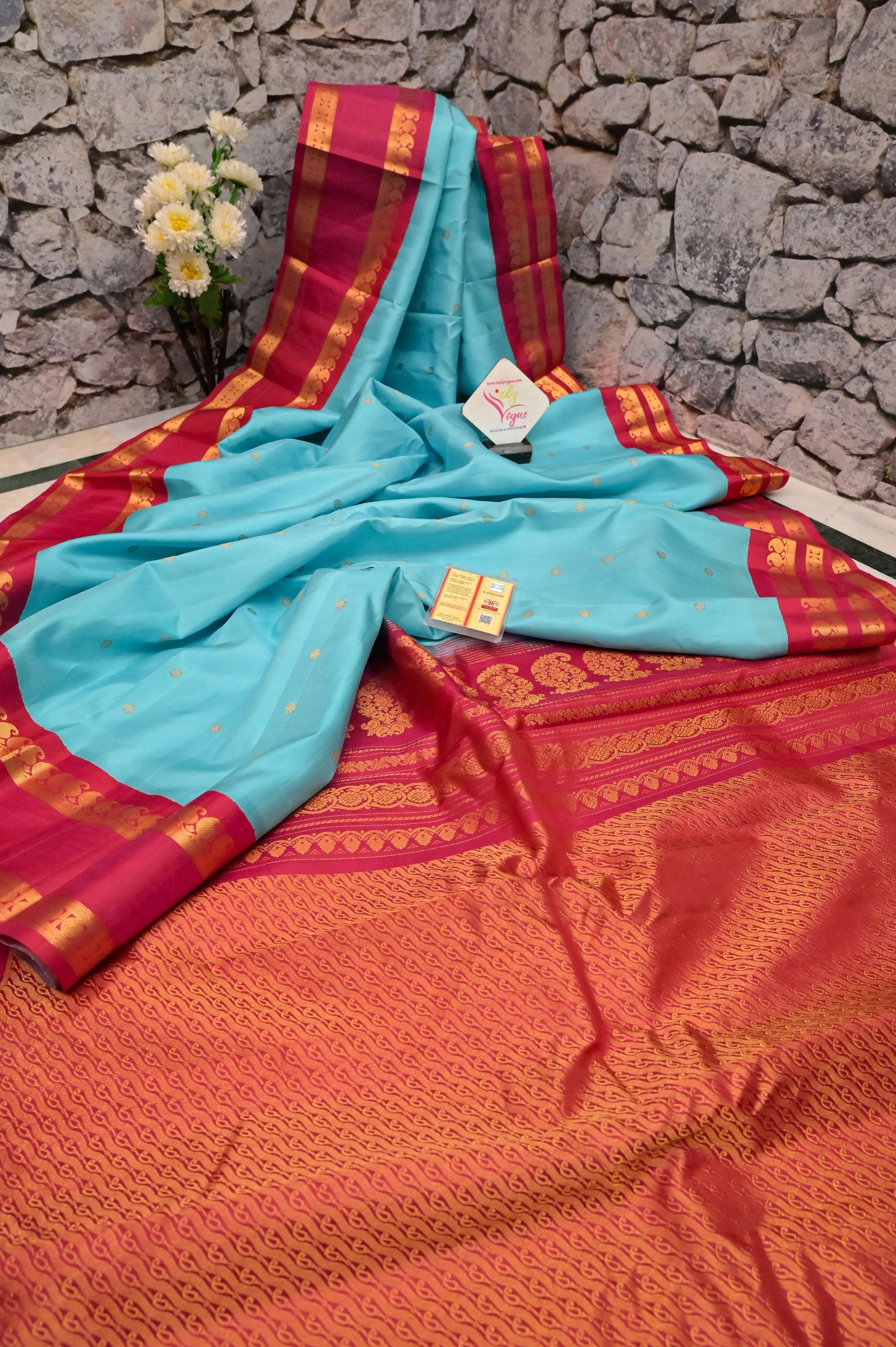 Firozi Blue Color Pure Gadwal Silk Saree with Butta Work