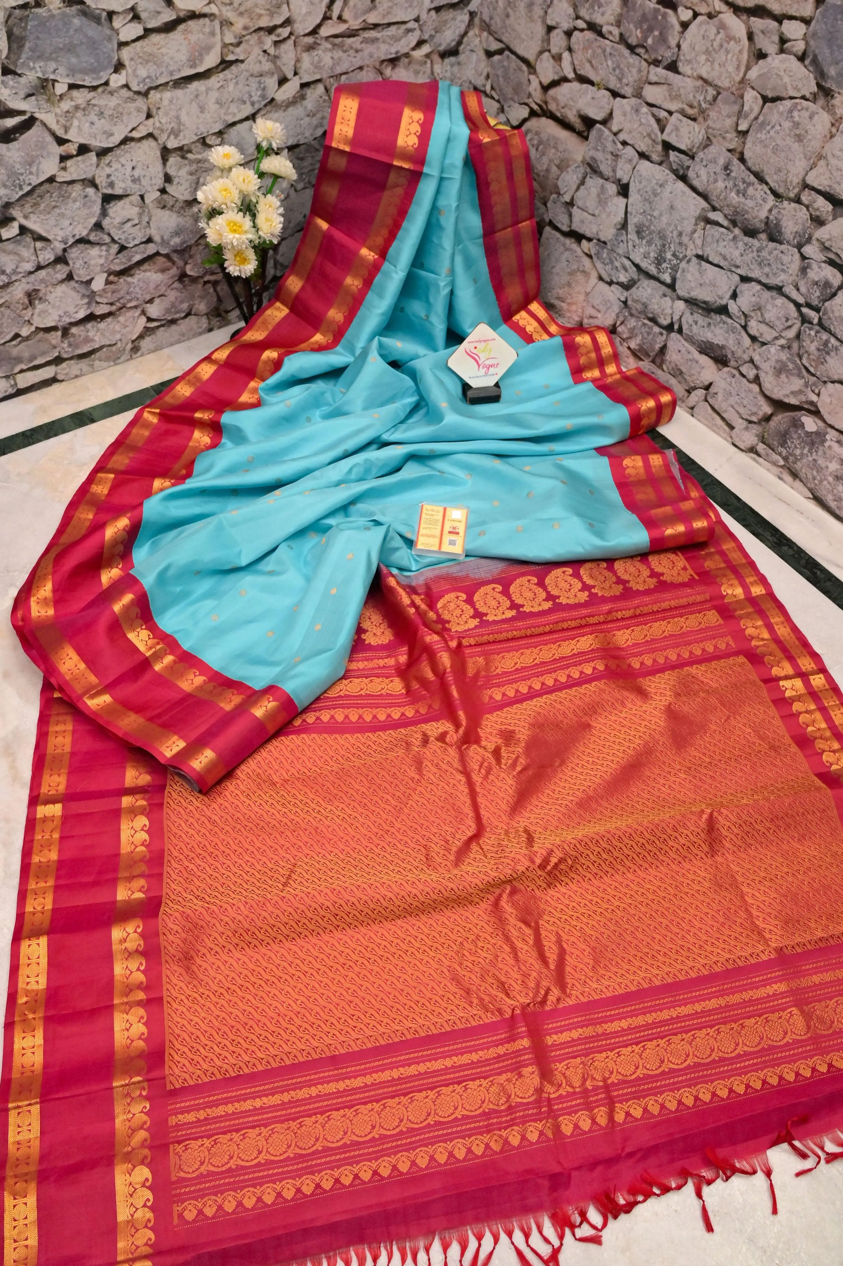 Firozi Blue Color Pure Gadwal Silk Saree with Butta Work