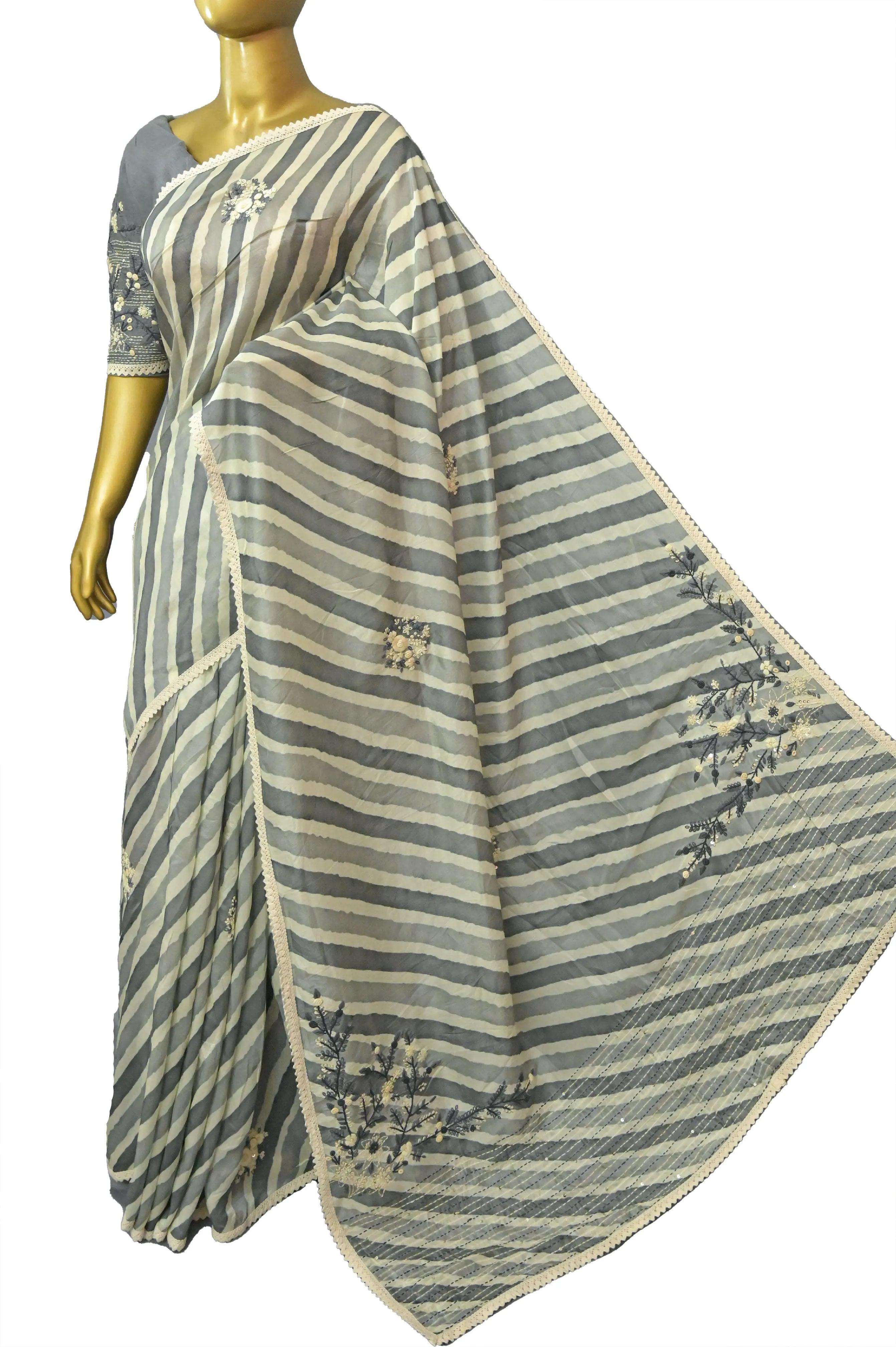 Grey and Offwhite Color Chinon Silk Saree with Leheriya Style French Knot Parsi Embroidery and Lace Work