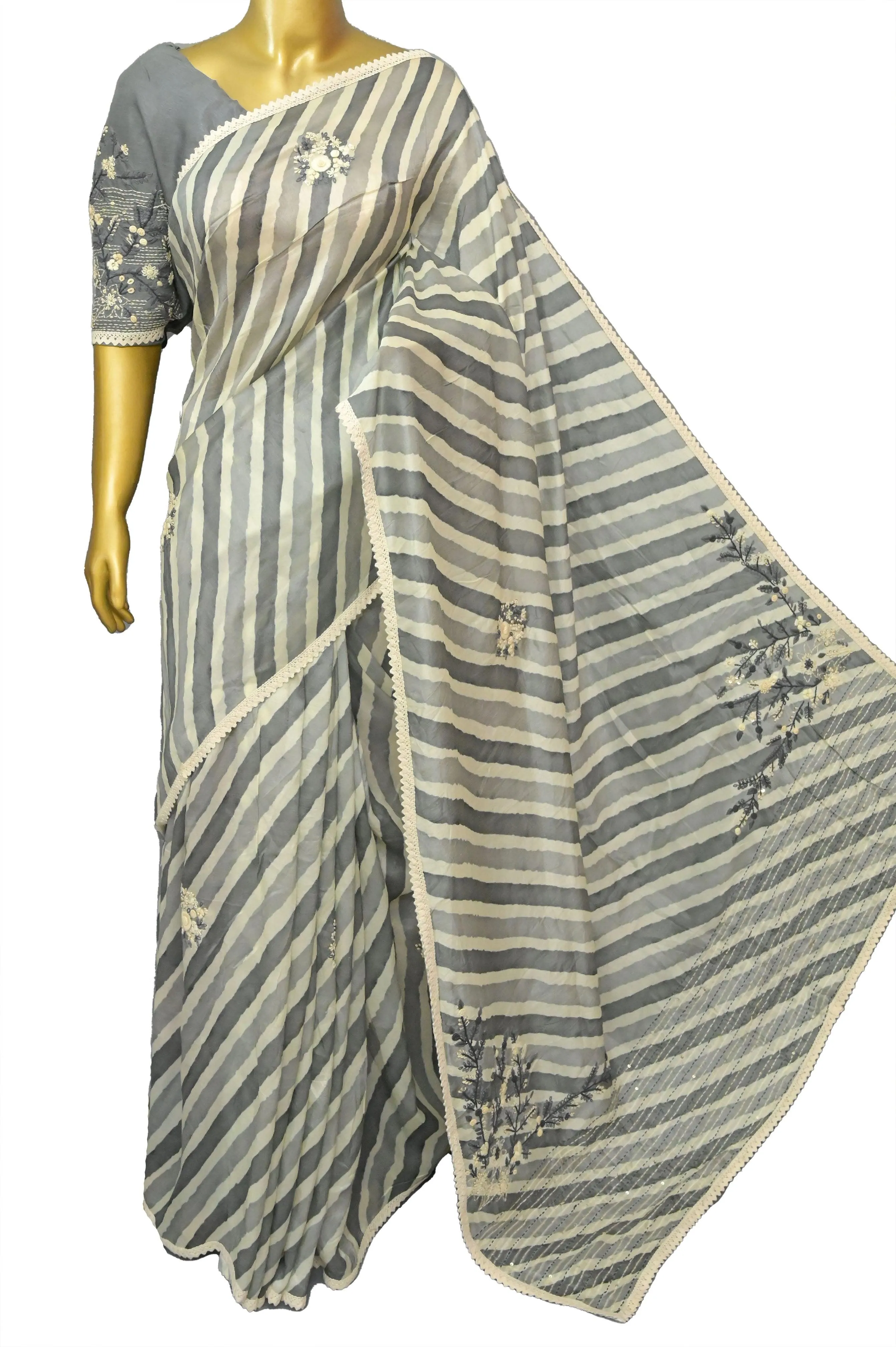 Grey and Offwhite Color Chinon Silk Saree with Leheriya Style French Knot Parsi Embroidery and Lace Work