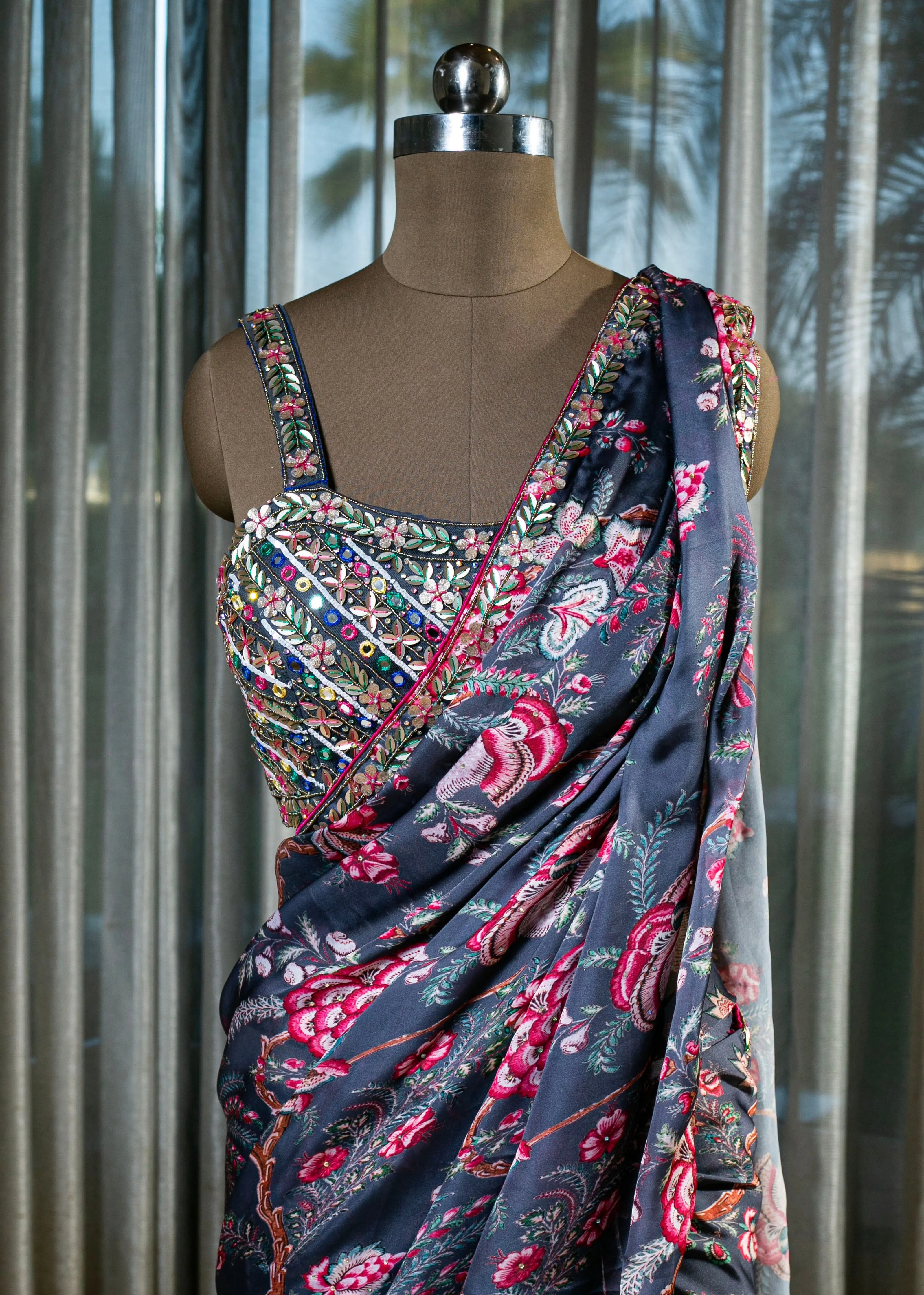 Hand Embroidered Steel Grey Saree with Digital Print Stitched Blouse