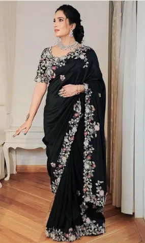 Heavy Embroidery Party wear Women's Saree Black