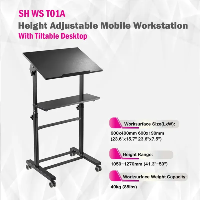 Height Adjustable Mobile Workstation With Tiltable Desktop Mount SH-WS-T01A