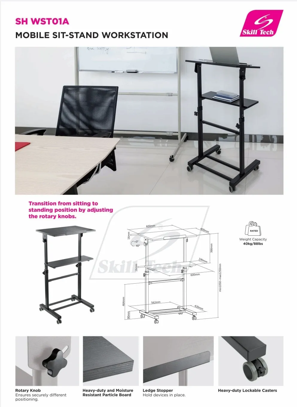 Height Adjustable Mobile Workstation With Tiltable Desktop Mount SH-WS-T01A