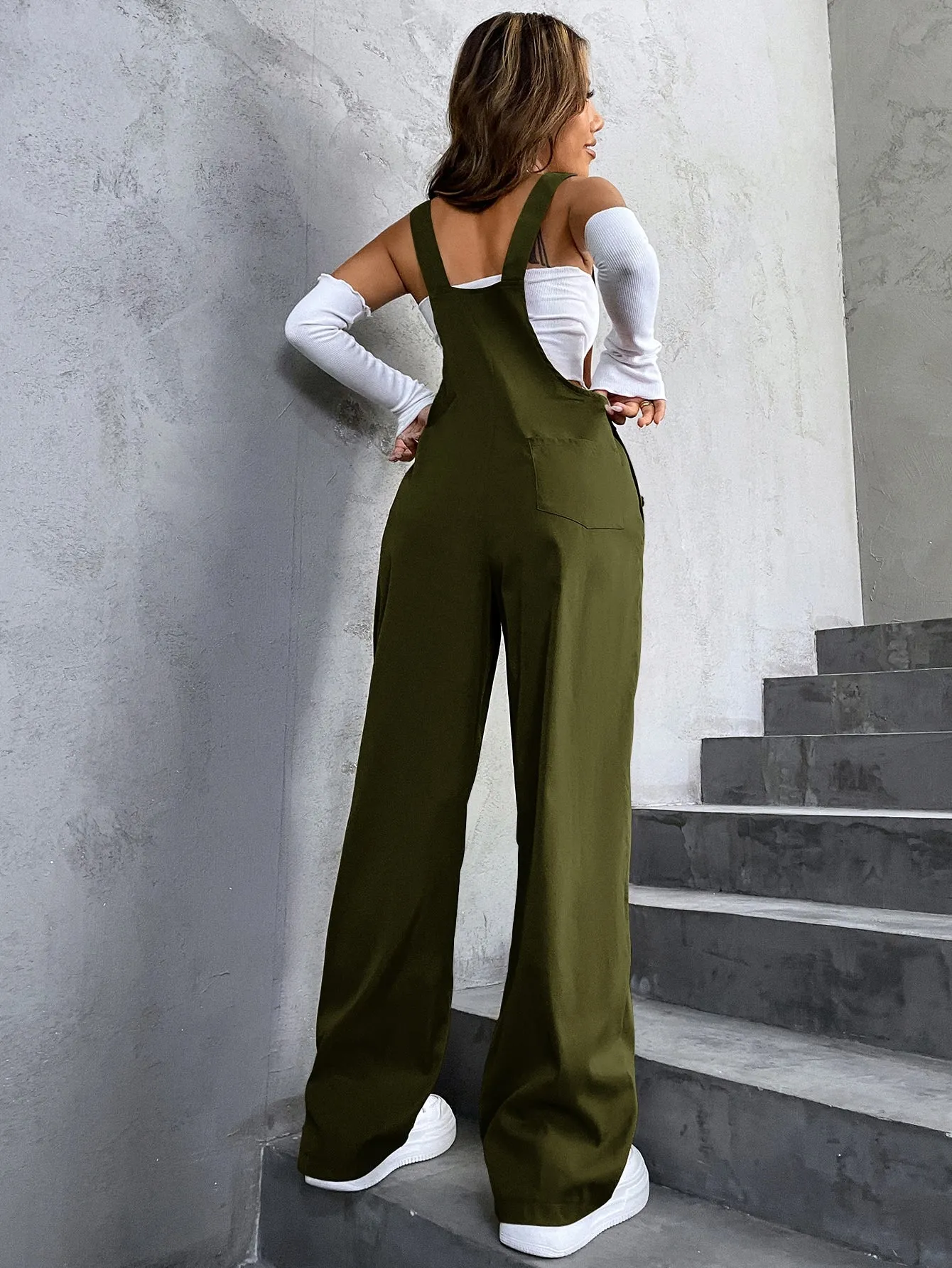 High Waist Pocket Overalls Jumpsuit