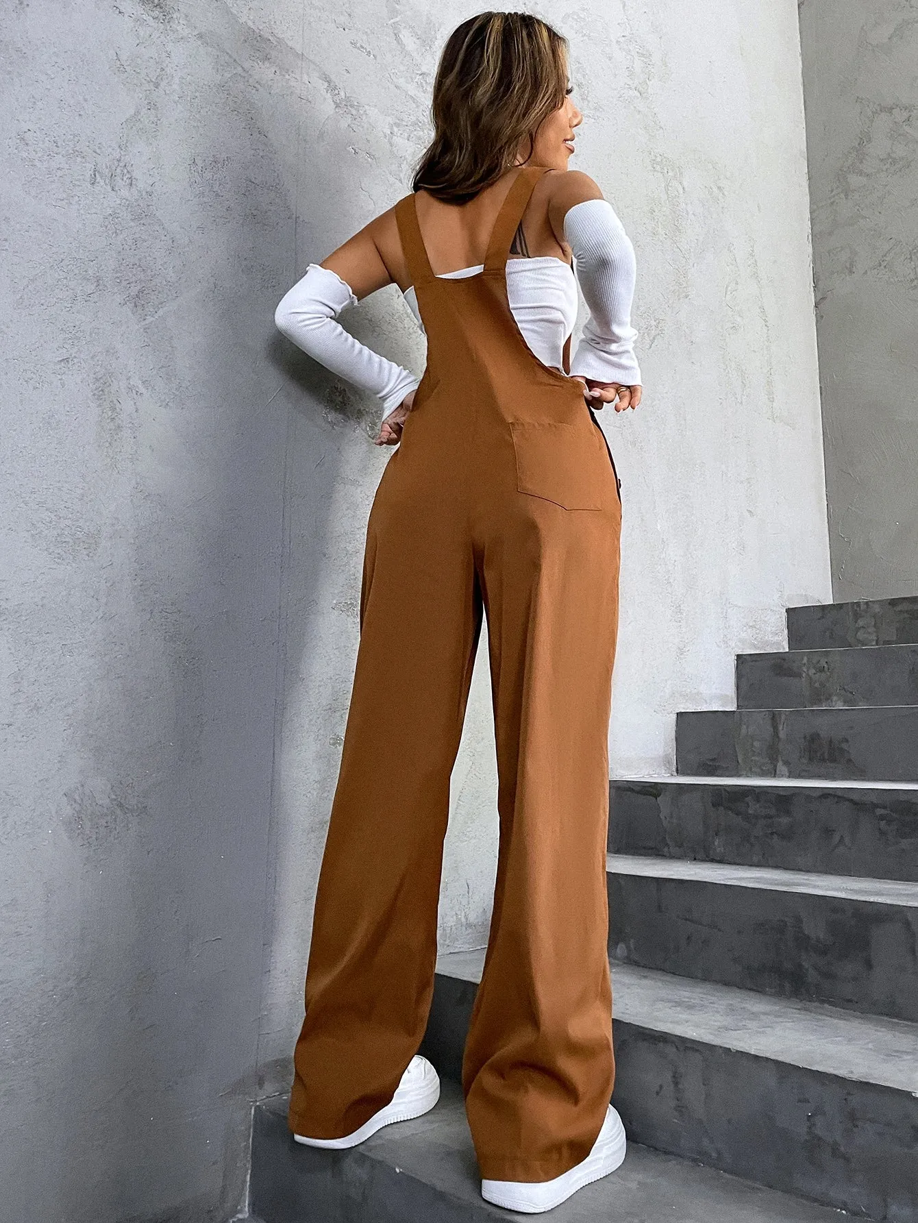 High Waist Pocket Overalls Jumpsuit