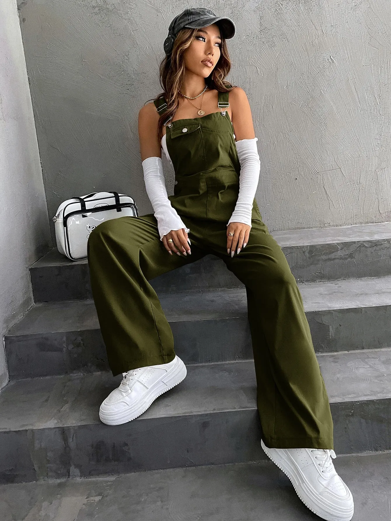 High Waist Pocket Overalls Jumpsuit