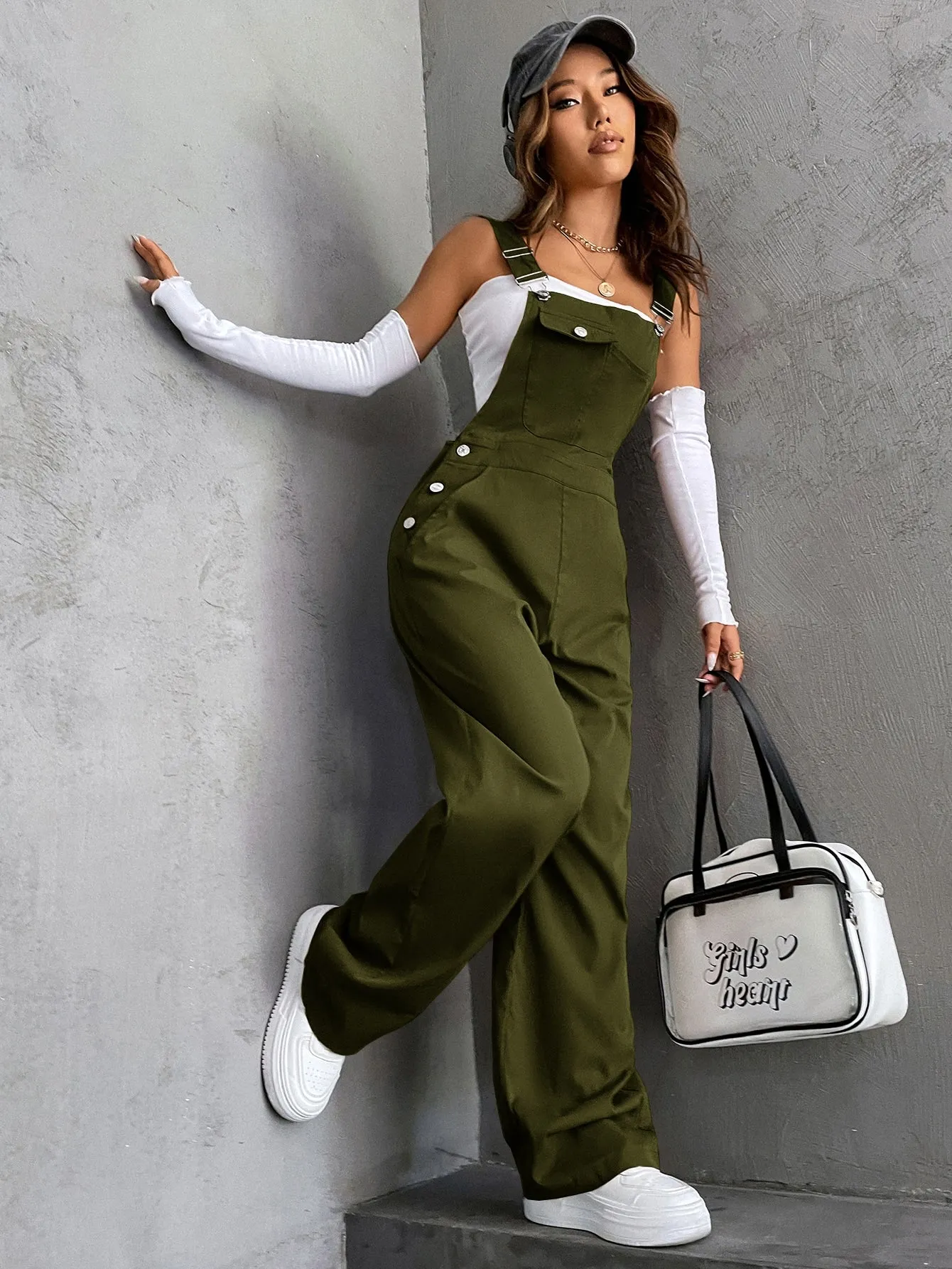 High Waist Pocket Overalls Jumpsuit