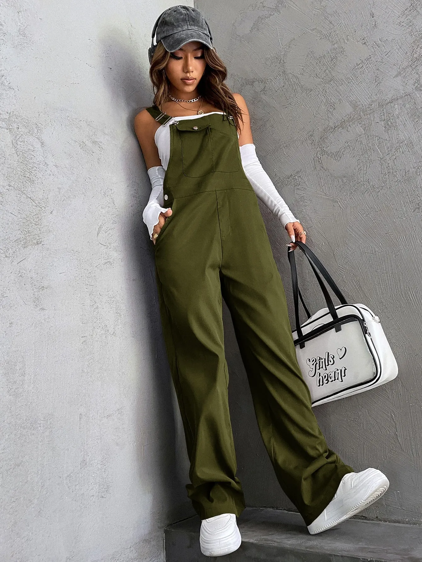 High Waist Pocket Overalls Jumpsuit