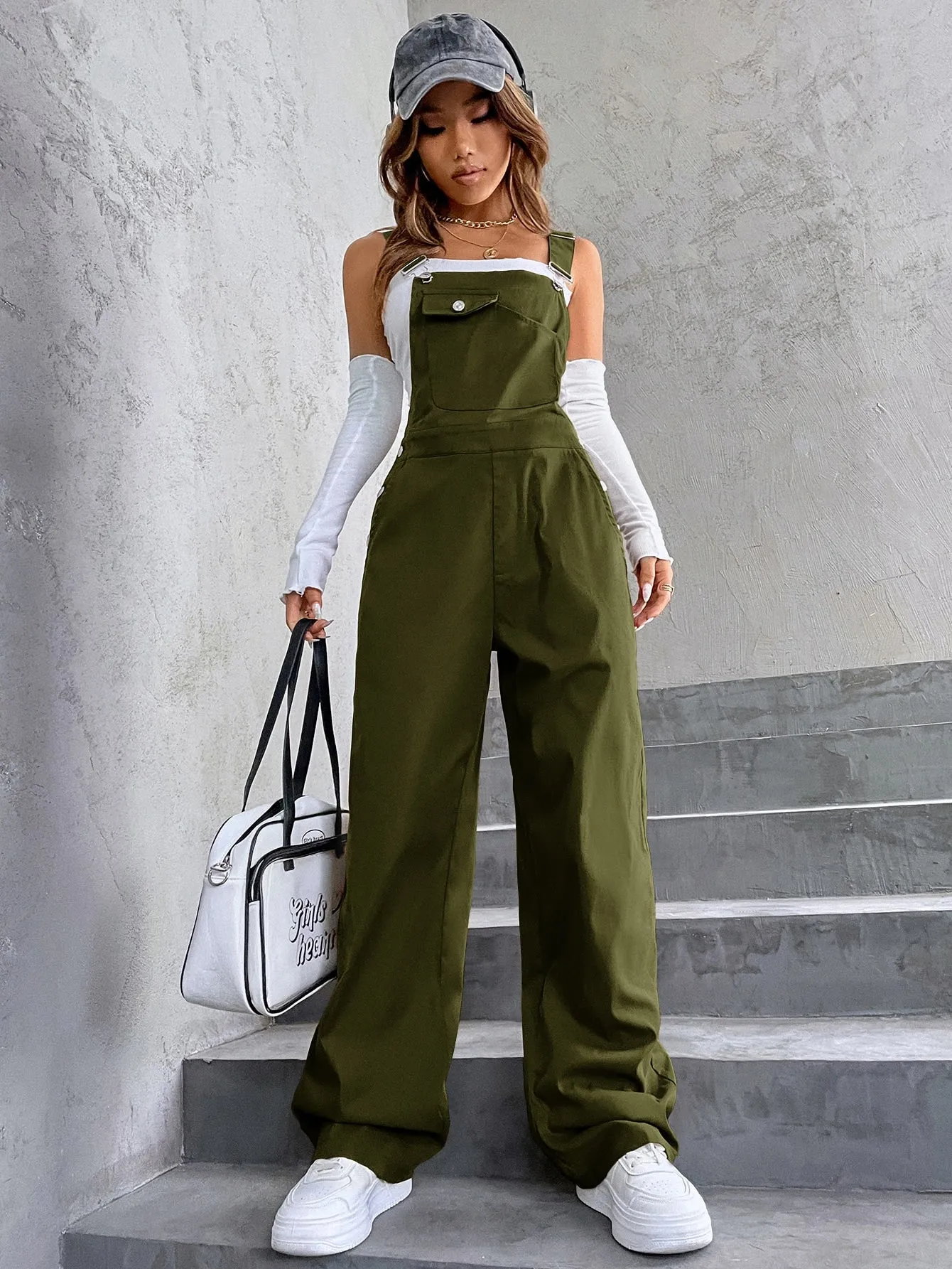 High Waist Pocket Overalls Jumpsuit