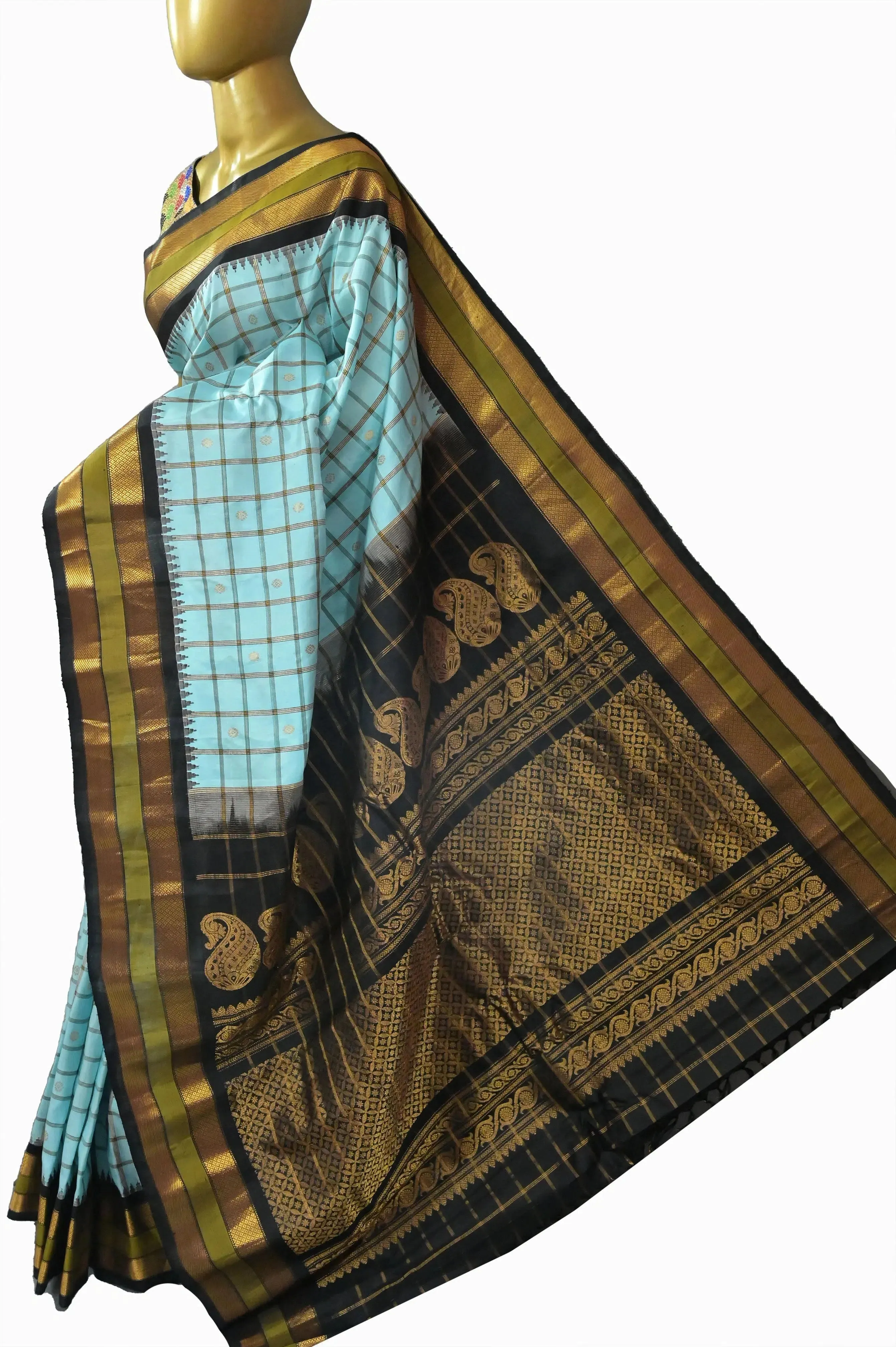 Light Blue Color Pure Gadwal Silk Saree with Allover Checks and Buti Work