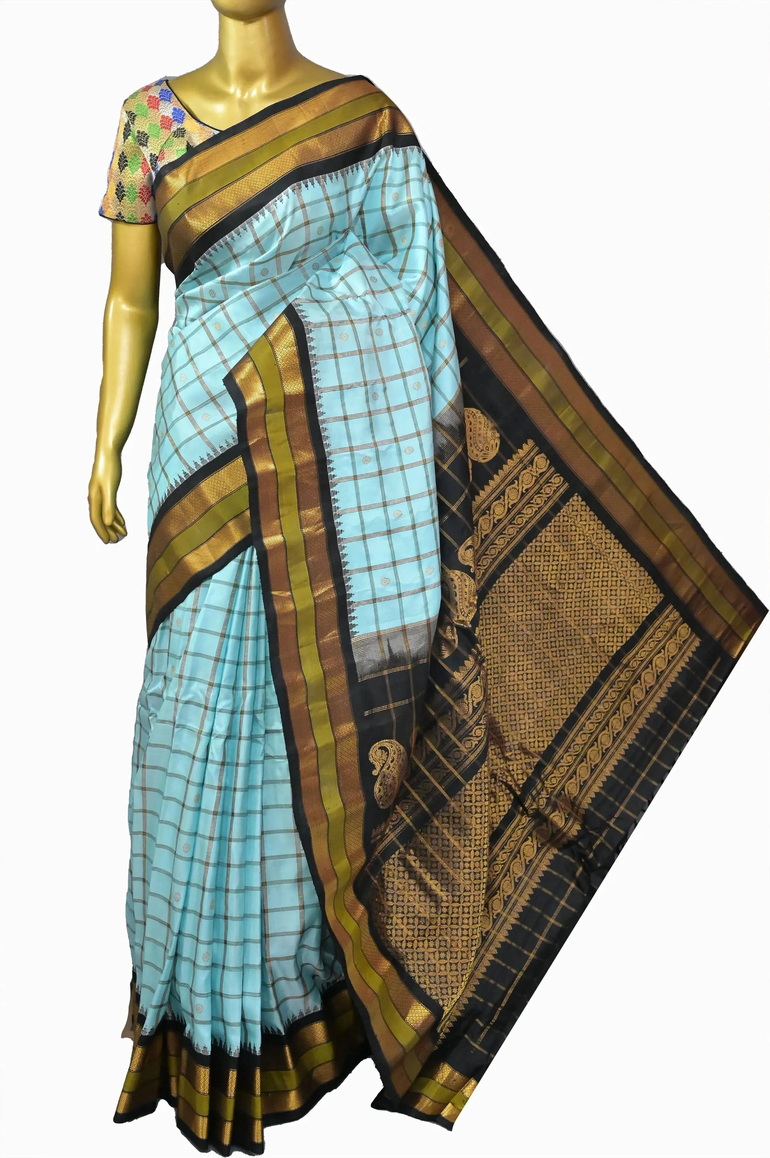 Light Blue Color Pure Gadwal Silk Saree with Allover Checks and Buti Work