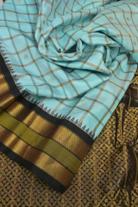 Light Blue Color Pure Gadwal Silk Saree with Allover Checks and Buti Work