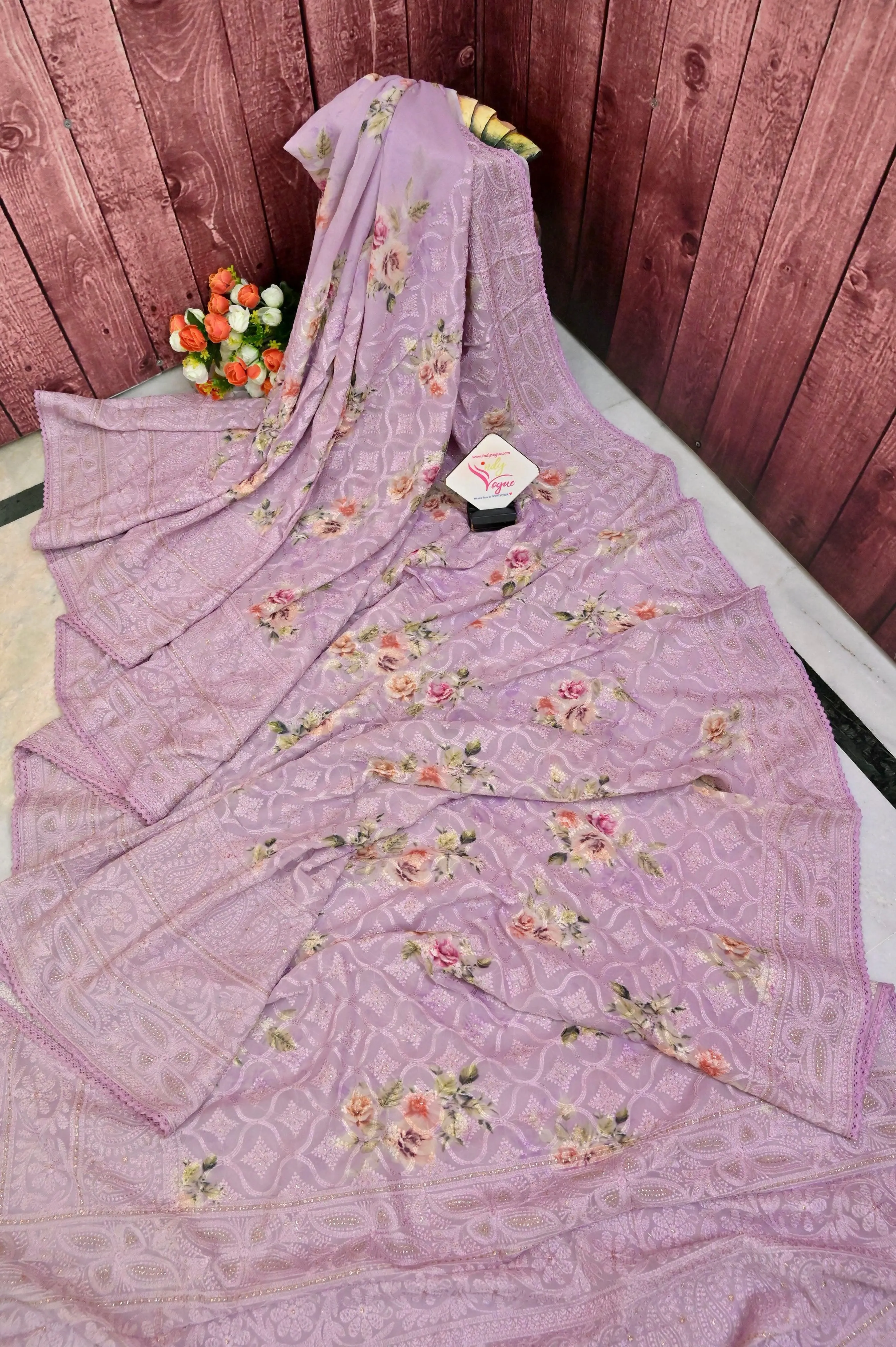 Light Lavender Color Designer Georgette with Allover Chikankari and Digital Floral Print