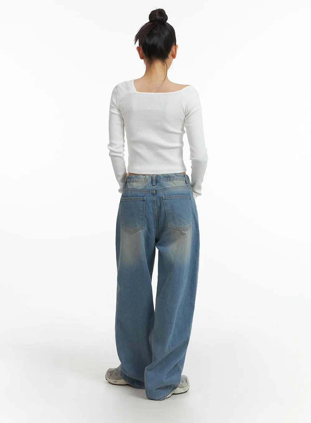 Mid Waist Wide Leg Drawstring Jeans CJ429