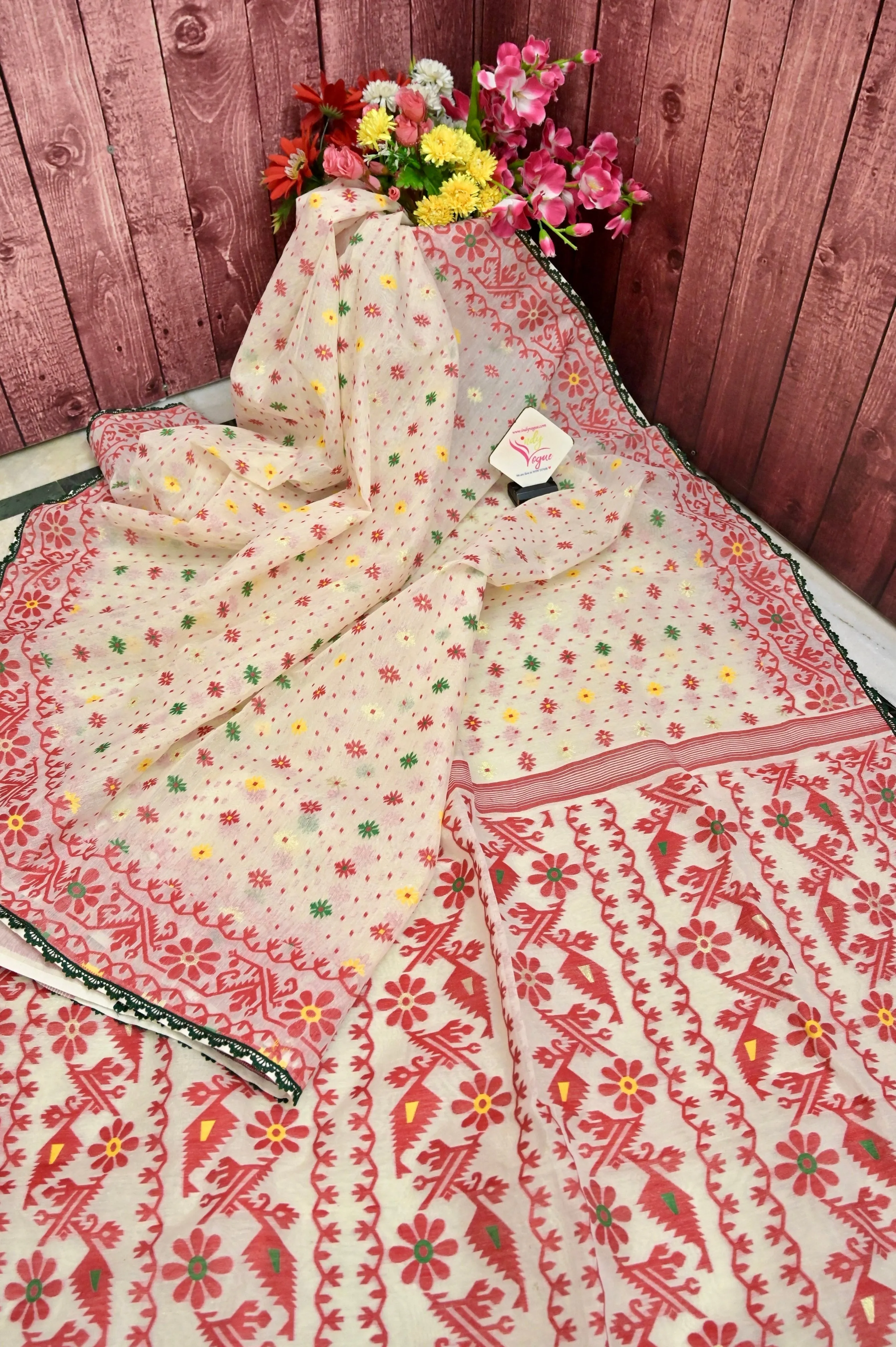 Offwhite and Red Color Jamdani Saree with Multicolored Buti and Lace Work