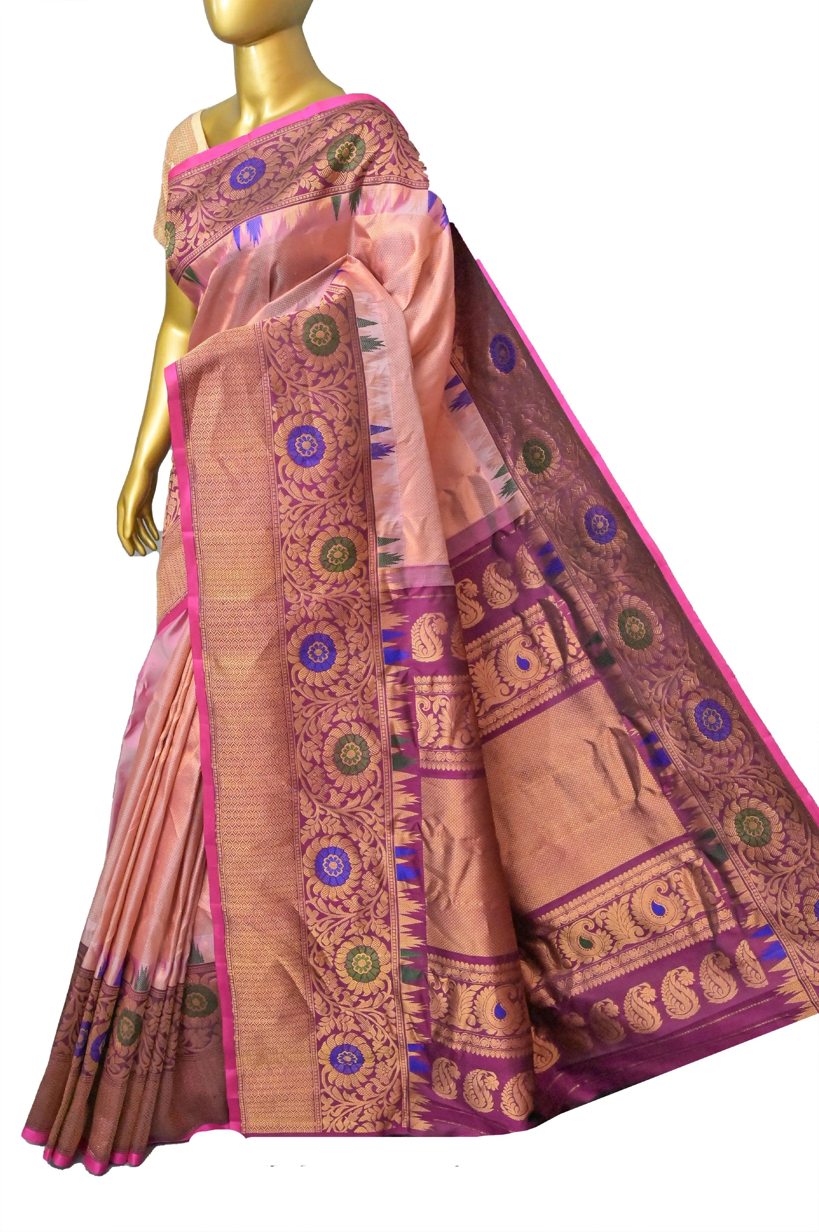 Peach Color Pure Gadwal Silk Saree with Meenakari Kanchi Border