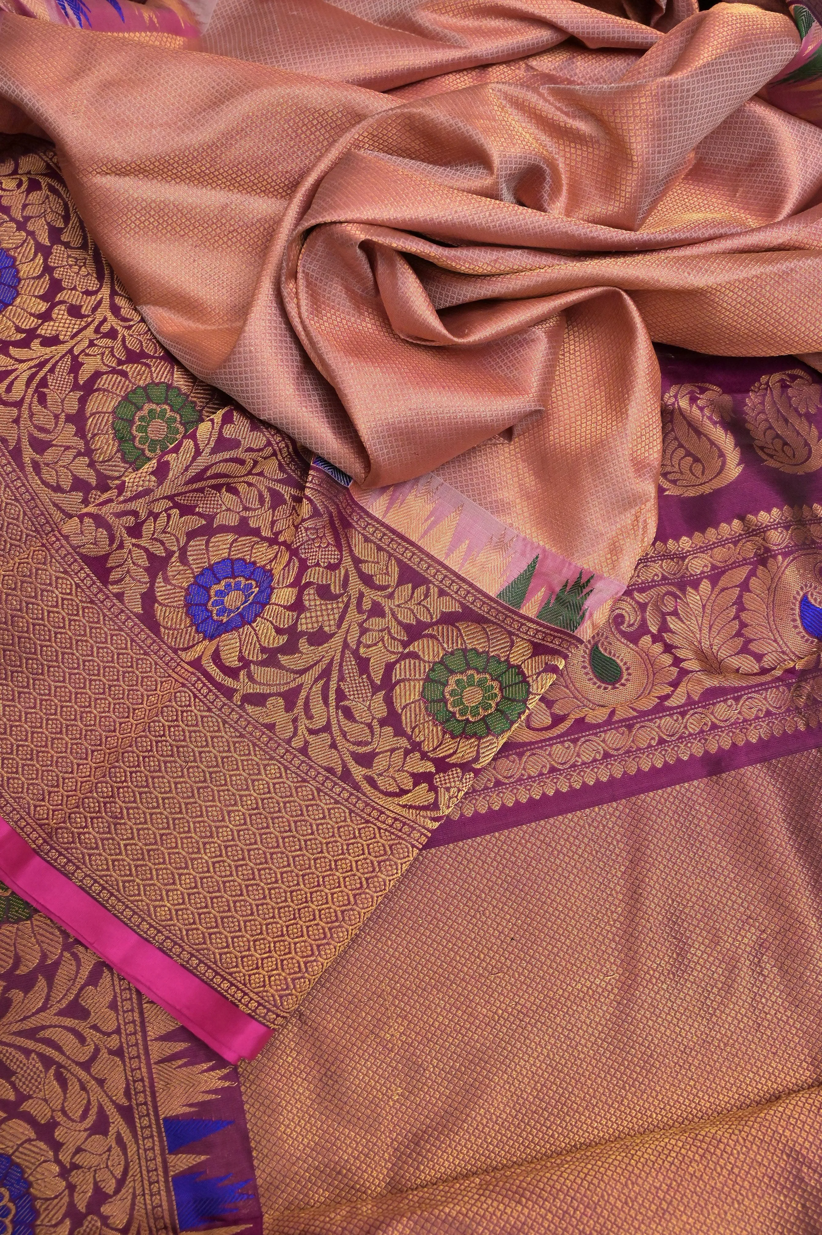 Peach Color Pure Gadwal Silk Saree with Meenakari Kanchi Border