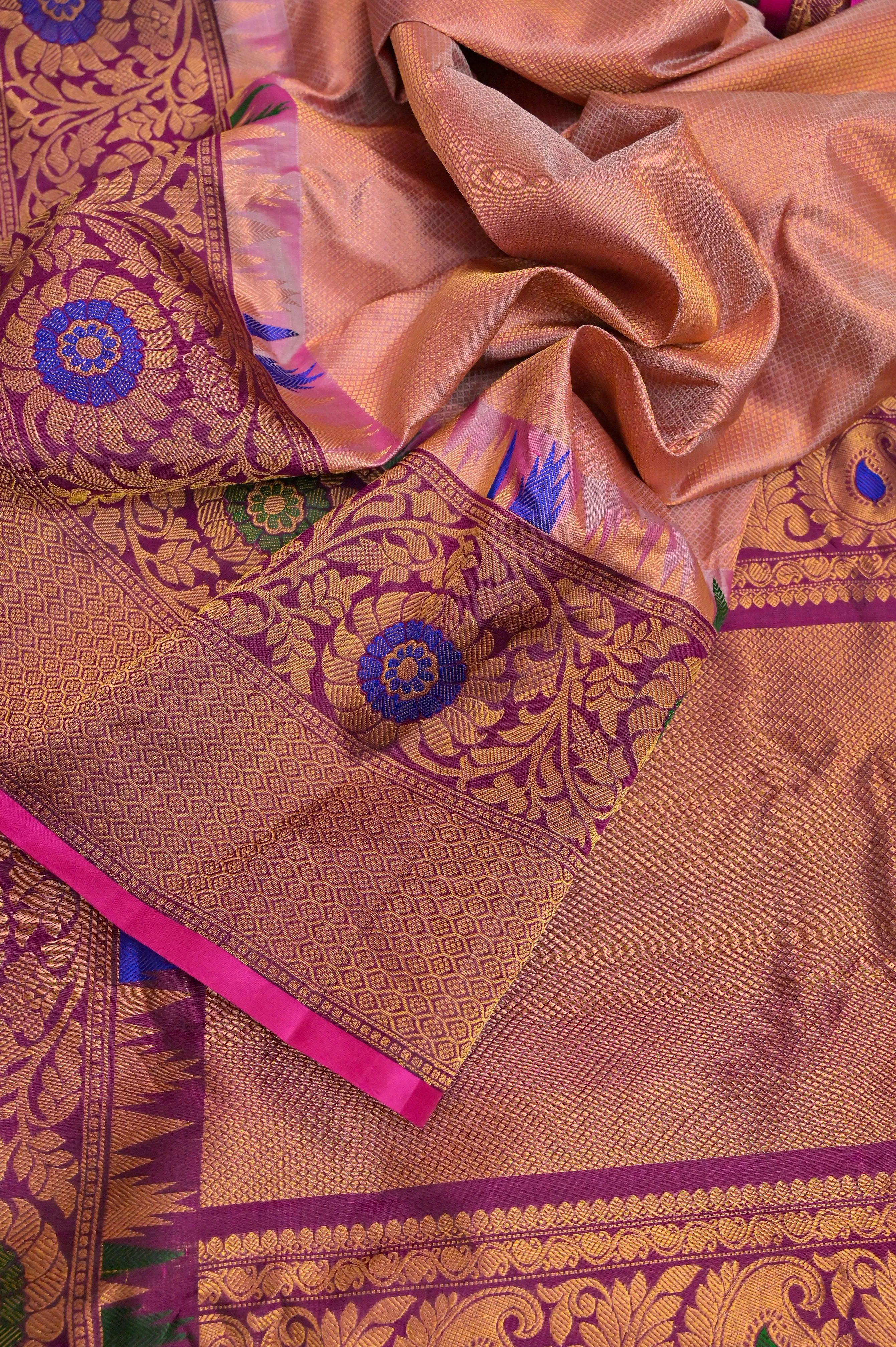 Peach Color Pure Gadwal Silk Saree with Meenakari Kanchi Border