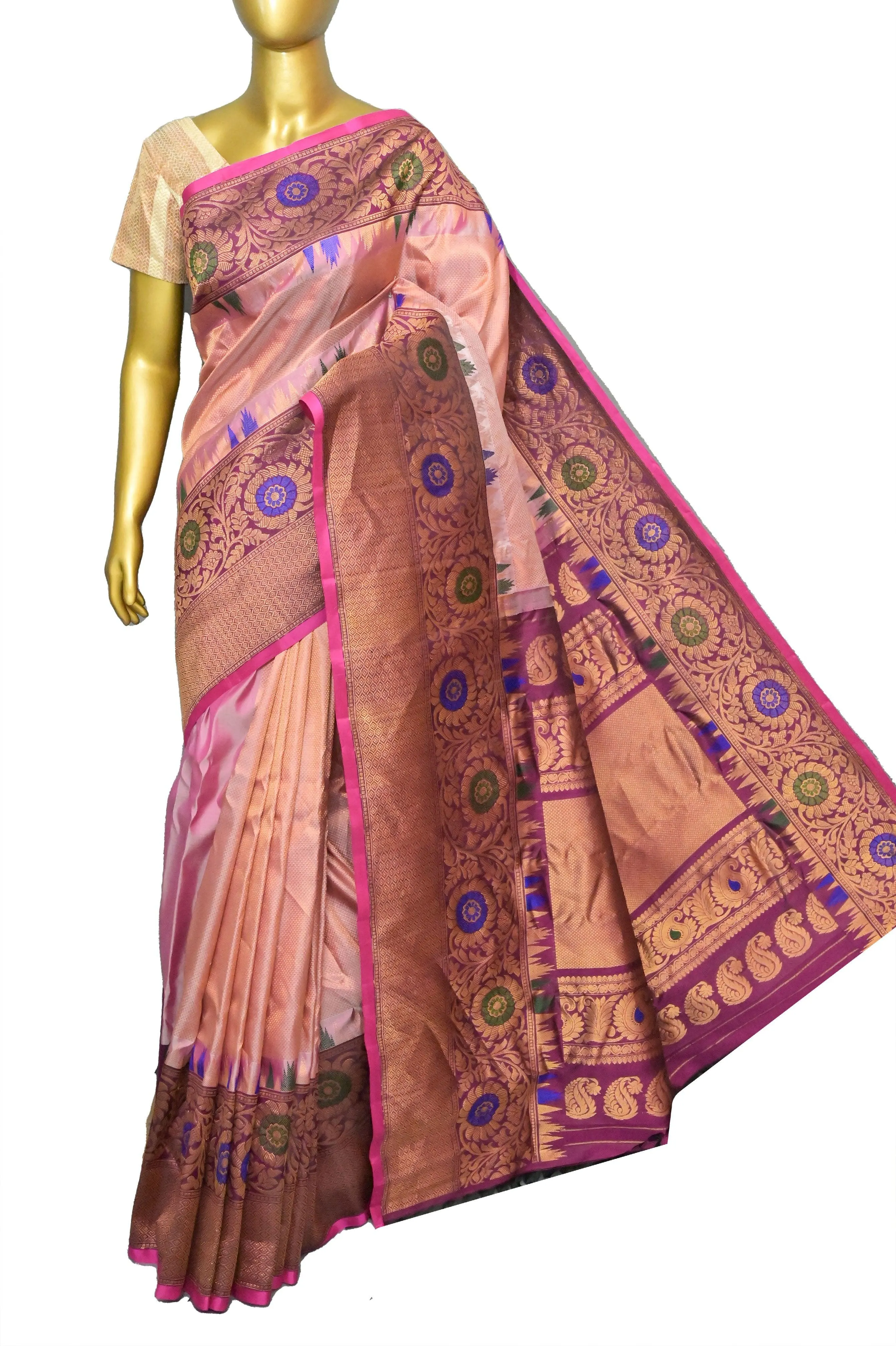 Peach Color Pure Gadwal Silk Saree with Meenakari Kanchi Border