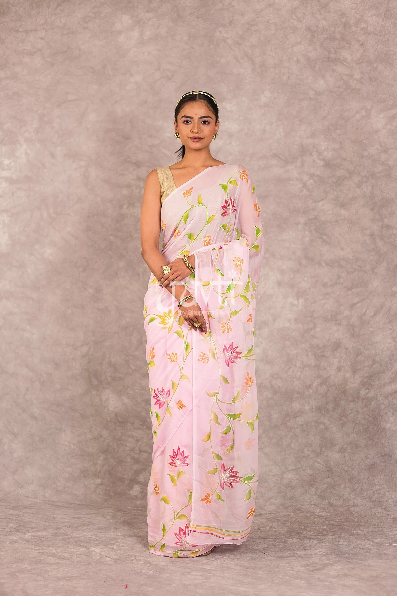 Pink Viscose Chiffon Handpainted Saree