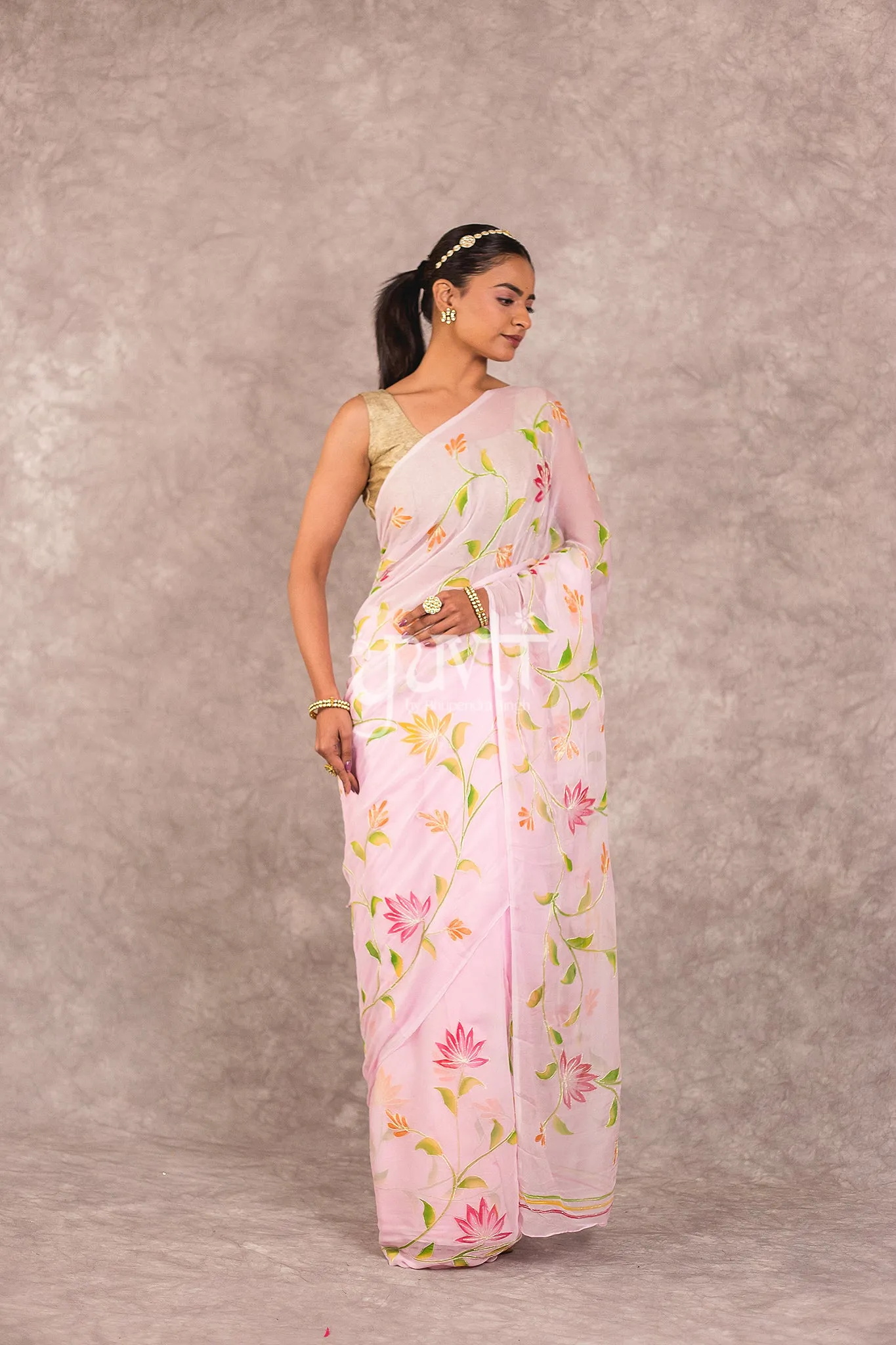 Pink Viscose Chiffon Handpainted Saree