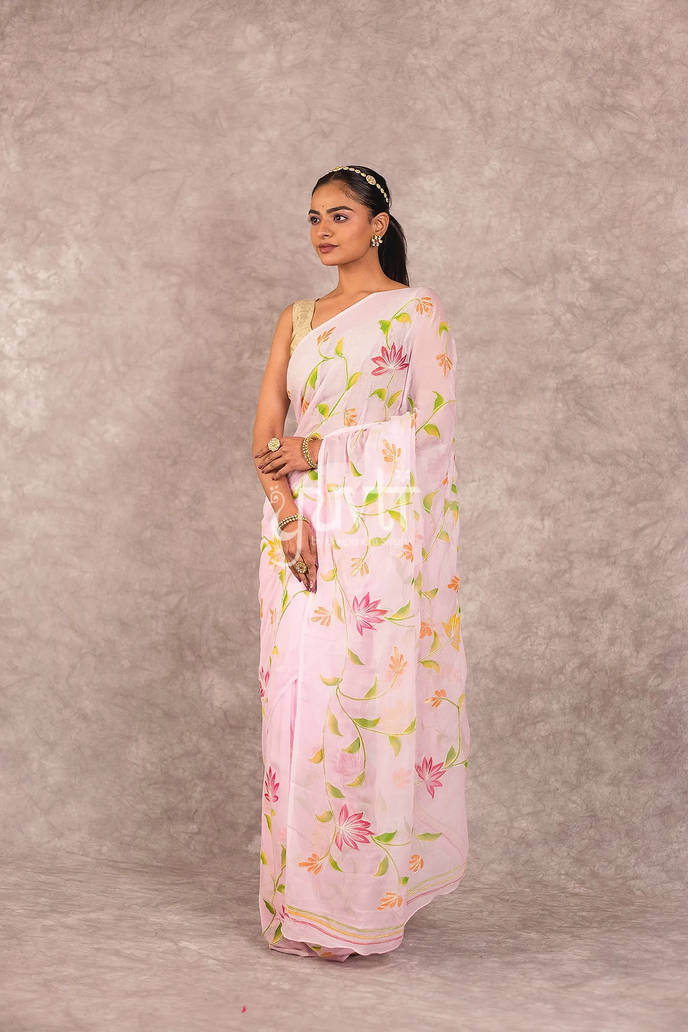 Pink Viscose Chiffon Handpainted Saree