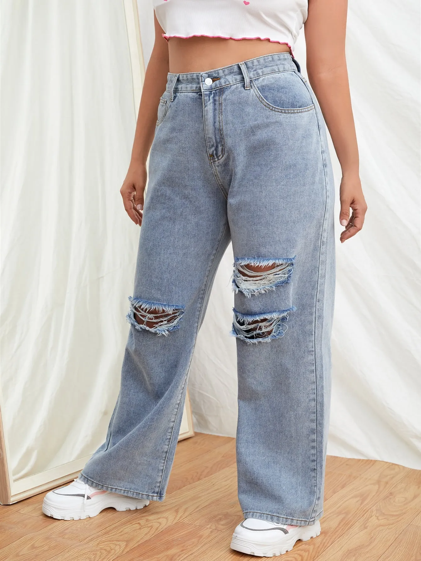 Plus High Waist Knee Ripped Wide Leg Jeans